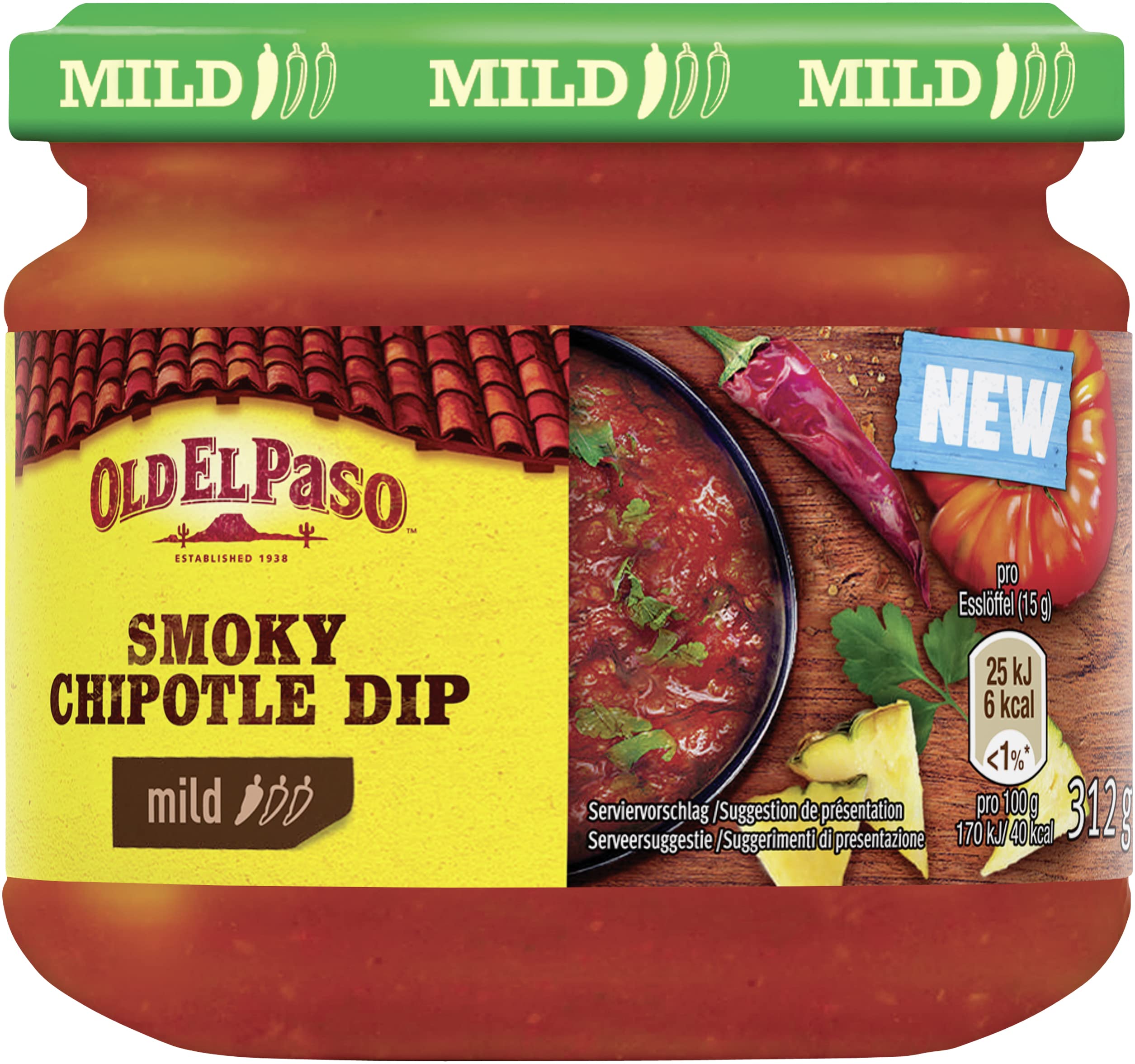 Old El Paso Tortilla Salsa Dip Smokey Chipotle – Mild-rauchige Chipotlesauce – 1 x 312 g