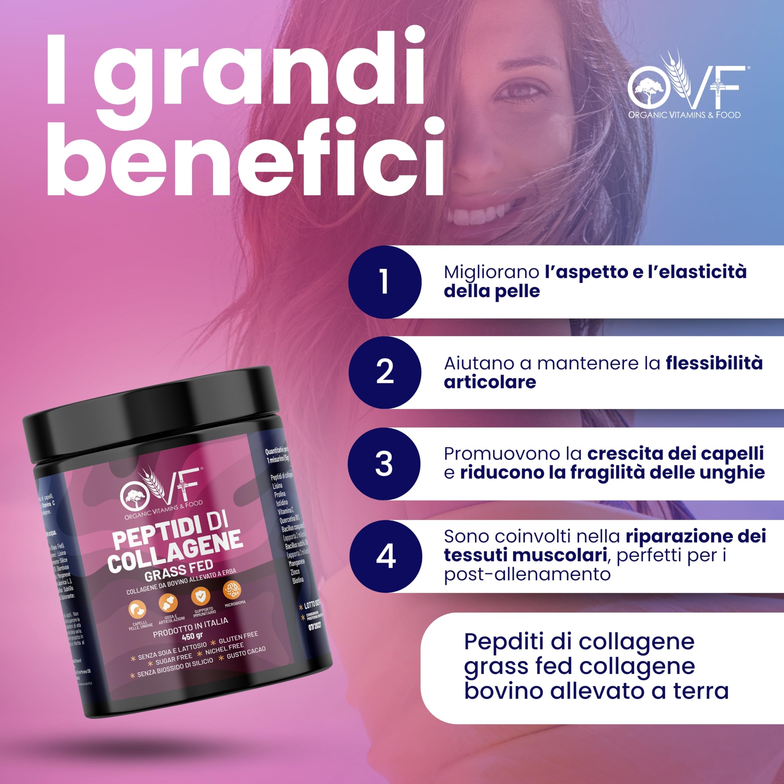 OVF Peptidi di Collagene Idrolizzato (grass Fed) - Supporto Articolazioni e Pelle - Integratore 450g Collagene Puro con Biotina, Quercetina, Vitamina C e Zinco - Made in Italy