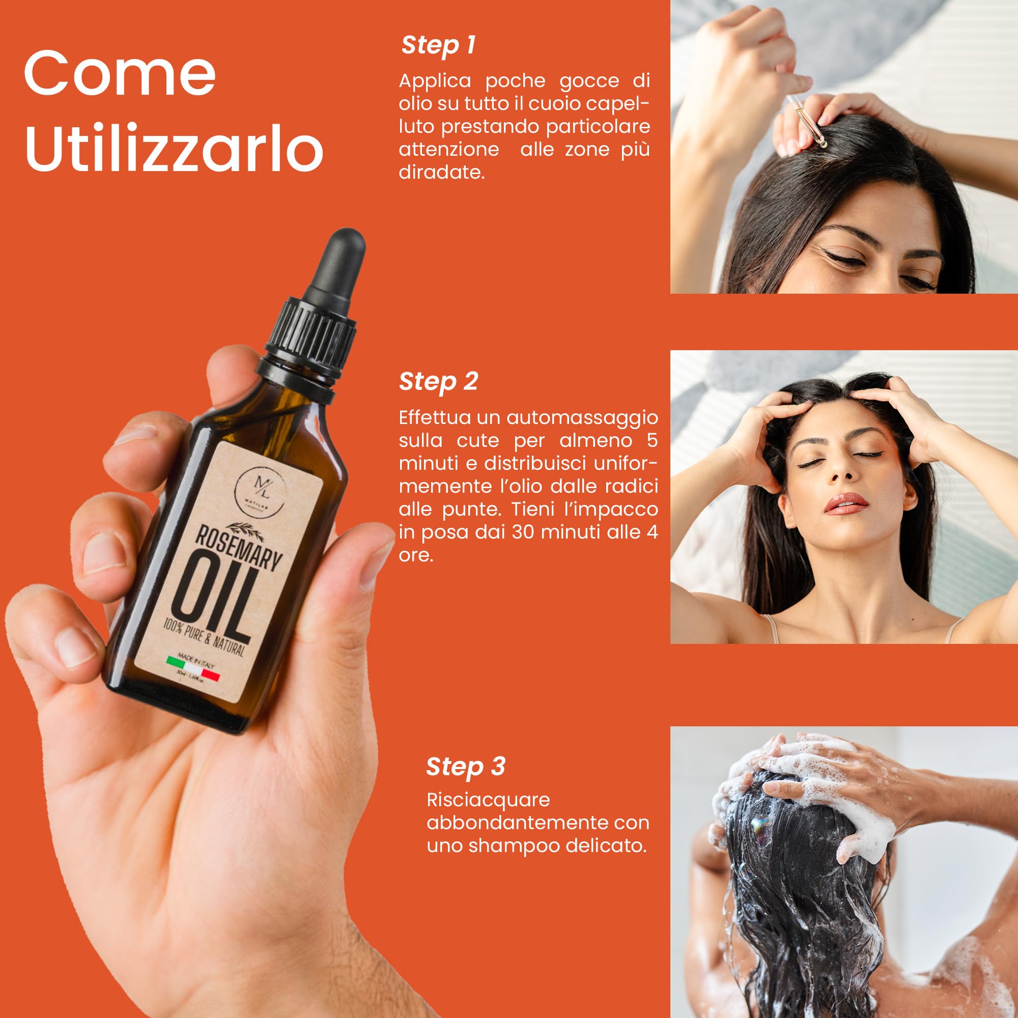 Olio di Rosmarino per Capelli, Stimola la Crescita e Previene la Caduta, Rinforzante con Lino e Biotina, Nutre il Cuoio Capelluto Secco, Infoltisce Ciglia e Sopracciglia, Made in Italy 100%