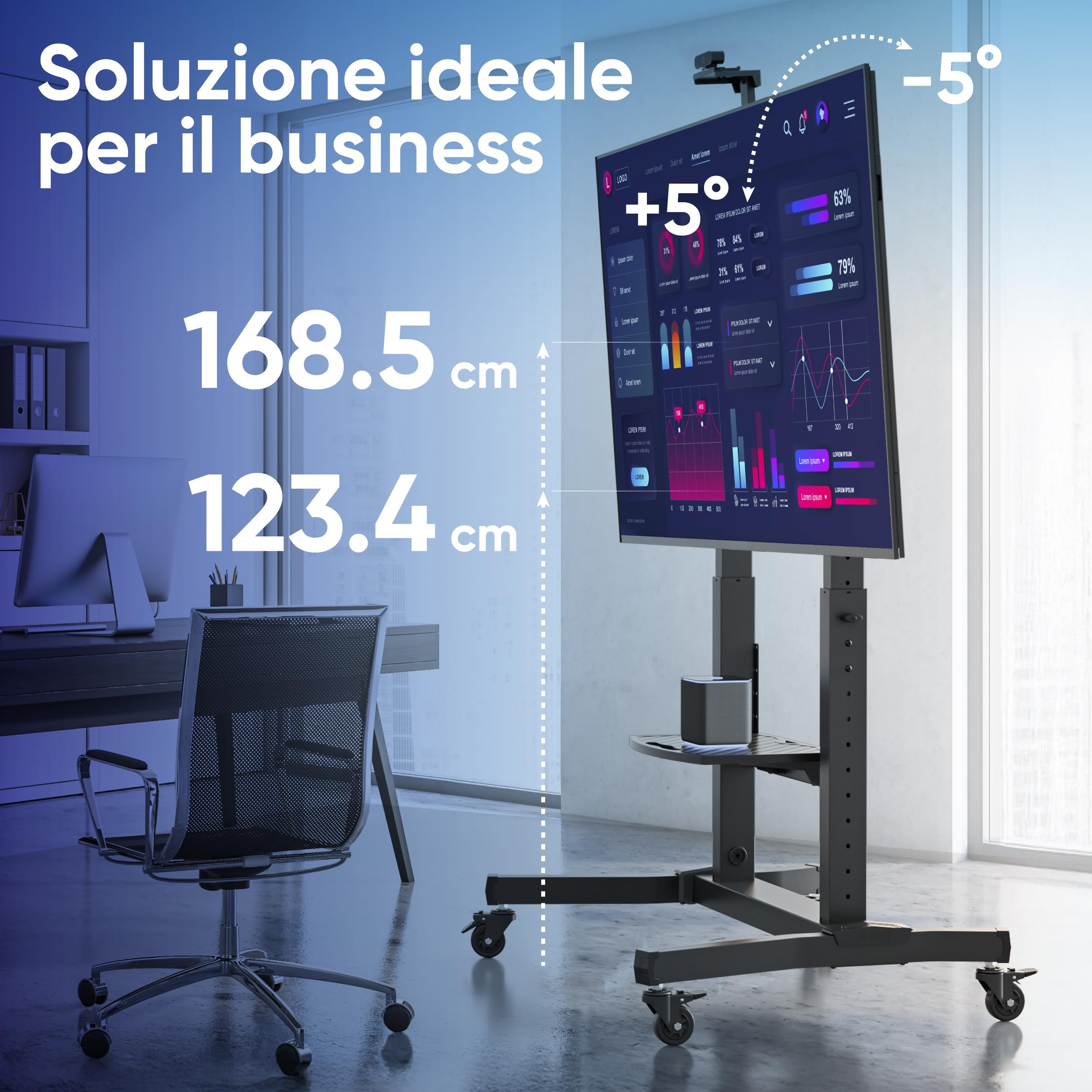 ONKRON Carrello Porta TV con Ruote 50-100 pollici, Carico Totale 130 kg, VESA 200x200-1000x600, Supporto TV da Pavimento Regolabile in Altezza e Inclinabile, Porta Televisore Mobile, Nero TS1991-B