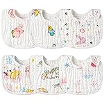 Zainpe 6Pcs Snap Muslin Cotton Baby Bibs Star Cat Rabbit Pattern Adjustable Feeding Bib Machine Washable Unisex Burp Cloths with 6 Absorbent & Soft Layers for Infant Toddler Newborn Eating Drooling
