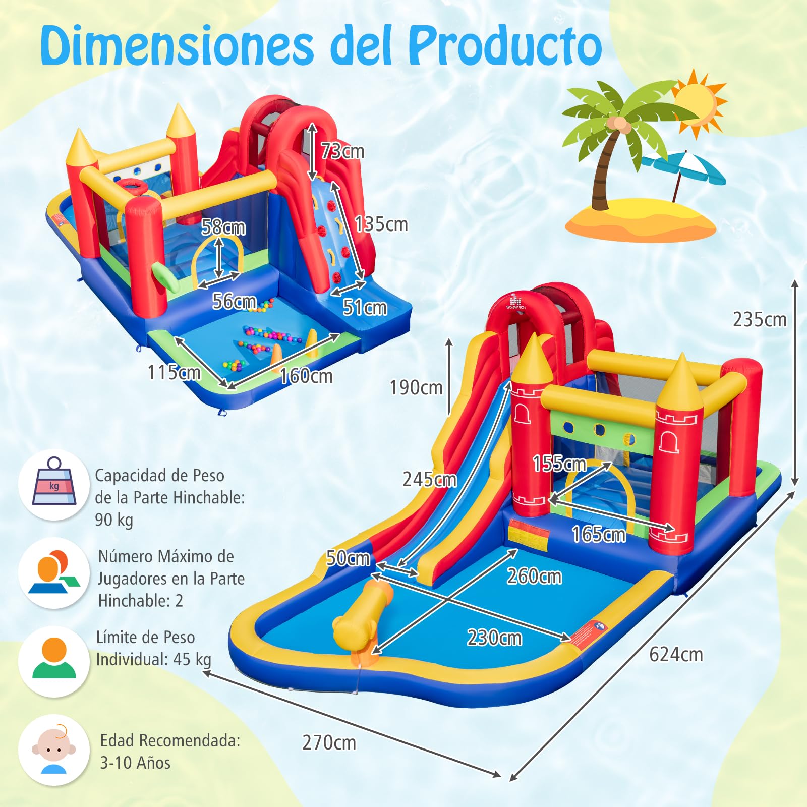 GOPLUS Castillo Hinchable Acuatico para Niños de 3-10 Años, Castillo Inflable con Tobogán Seco/Acuático, Canasta de Baloncesto, Pared de Escalada, Disco de Boxeo, Piscina Infantil, con Soplador