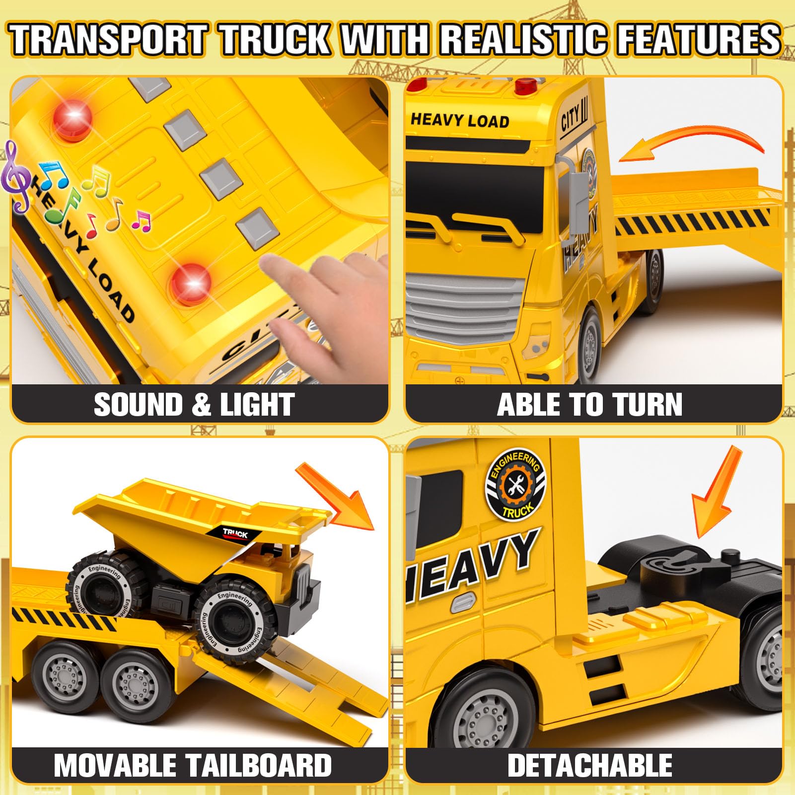 Tacobear Camion Costruzione Giocattolo Bambini grande Camion Veicoli da Cantiere con Escavatore Camion Spazzatura, Camion Trasportatore Macchinine Giocattolo Regalo per Bambini 2 3 4 5 6 anni