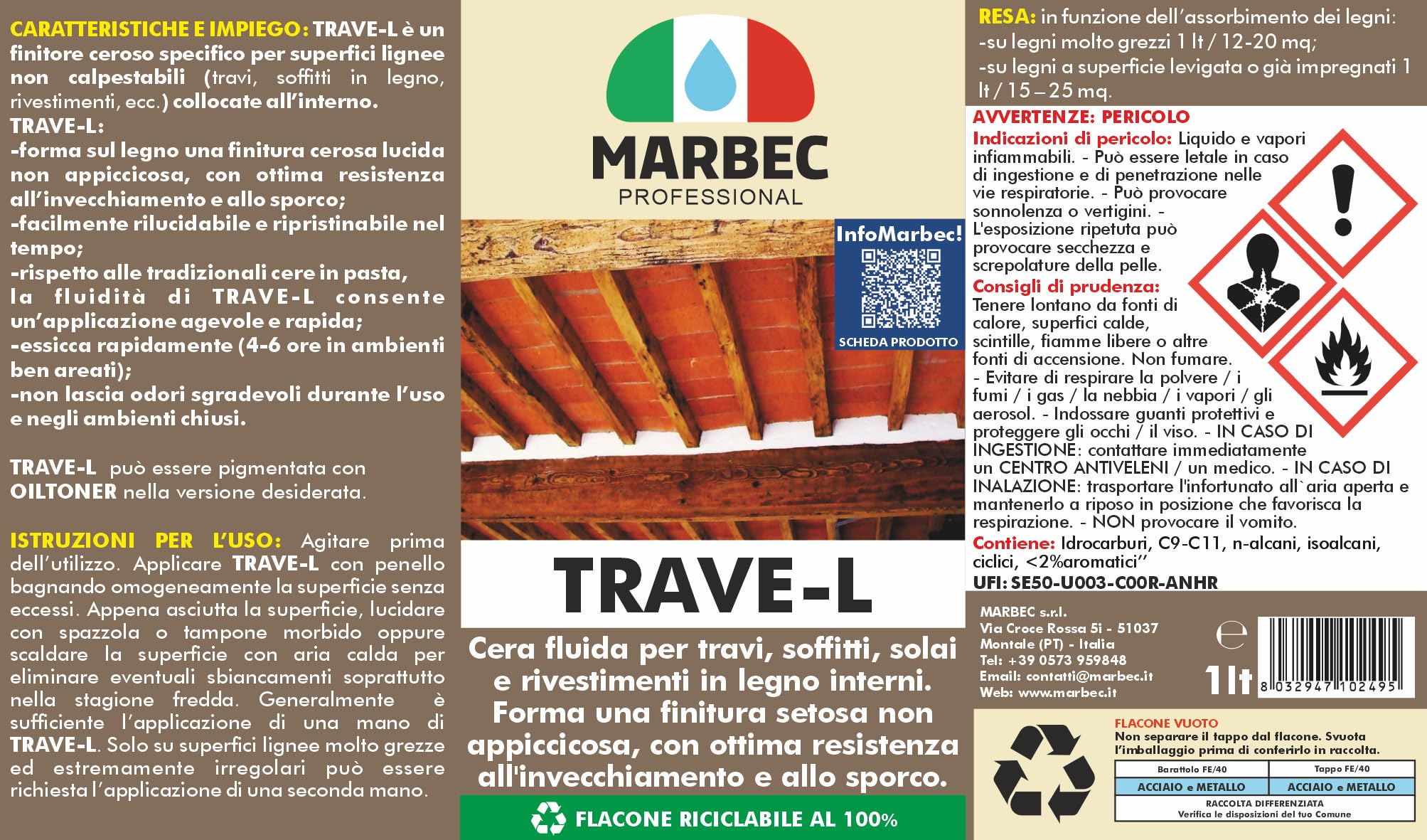 MARBEC TRAVE-L 1LT Finitore ceroso fluido per travi, soffittature e rivestimenti in legno