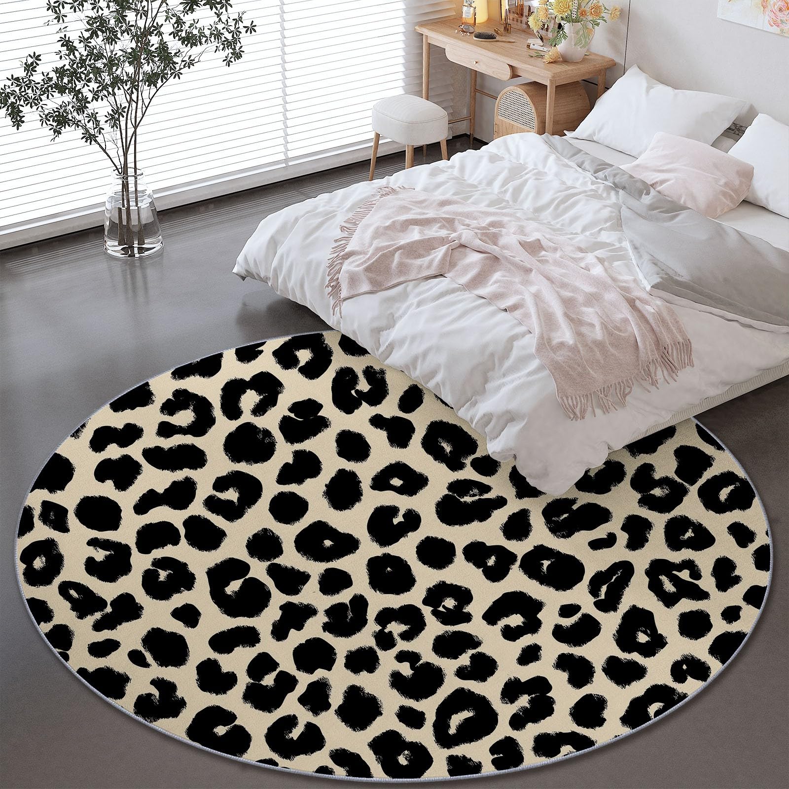 Générique Tapis Rond 160 cm Salon, Design Minimaliste Abstrait Imprimé Léopard Déco Crème Tapis Lavable en Machine et Antidérapant - Idéal Bureau et Fauteuil Roulant Style Moderne