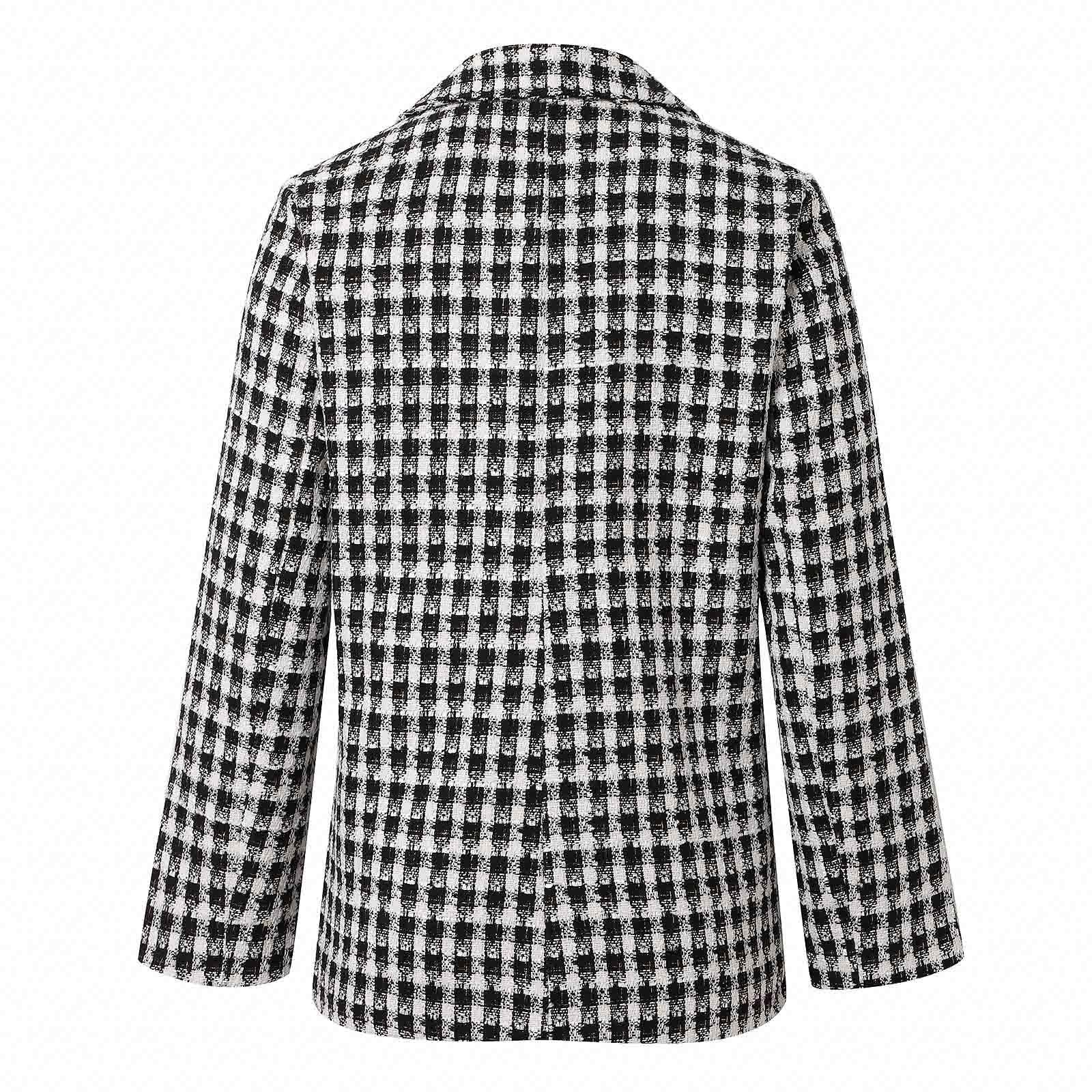 Blazer Mujer Tweed de Cuadros, Americana de Manga Larga con Doble Botonadura y Solapa, Chaqueta de Traje Vintage para Trabajo, Oficina y Otoño