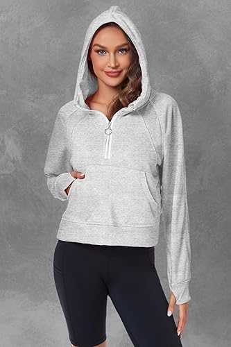 Miniatura 7 de FKEEP Womens Half Zip Hoodies Quarter Zipper Up Cropped Sweatshirt Long Sleeve Athletic Pullover Tops with Thumb Hole
