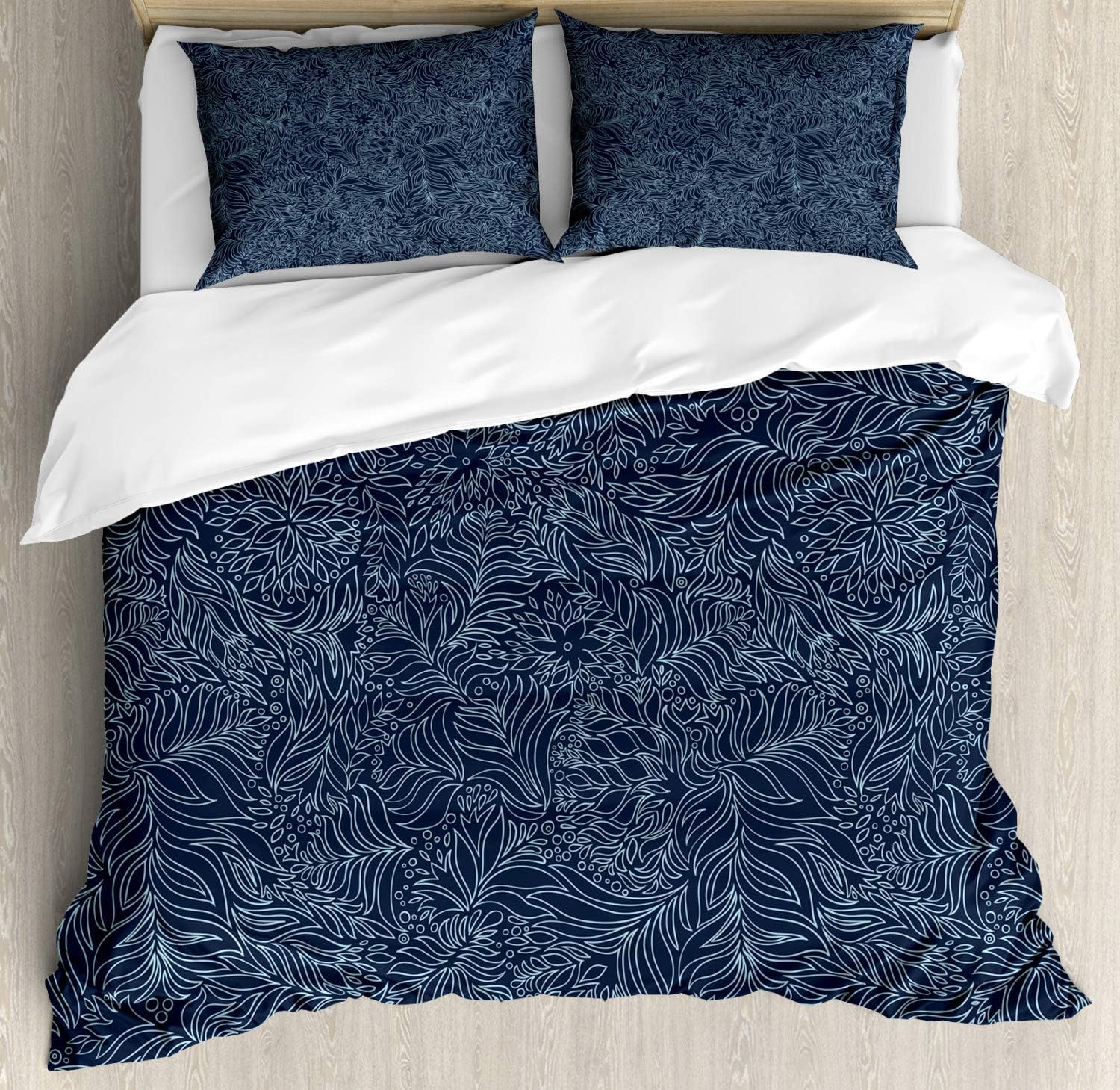 Ambesonne Dark Garden Duvet Cover Set, Abstract Flourish Nature Inspired Pattern Leaves Blossoms Print, Decorative 3 Piece Bedding Set with 2 Pillow Shams, California King, Dark Blue and Turquoise
