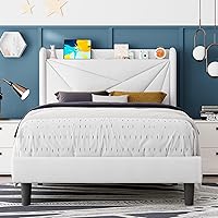 Vista 16 de Feonase Base de cama de tamaño individual con estación de carga, base de cama tapizada de lino con cabecera con respaldo de ala, soporte de listones