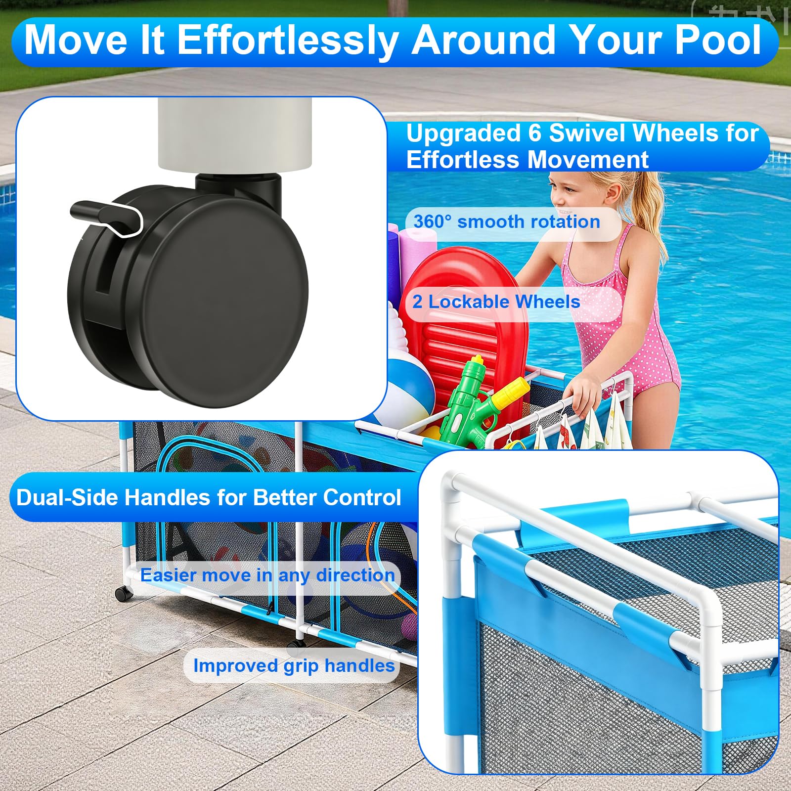 Upgrade - Carrito de almacenamiento para piscina con ruedas, 160 × 82 × 98 cm, organizador de malla para equipo de natación, fideos de piscina, juguetes y toallas, gran capacidad con asa y