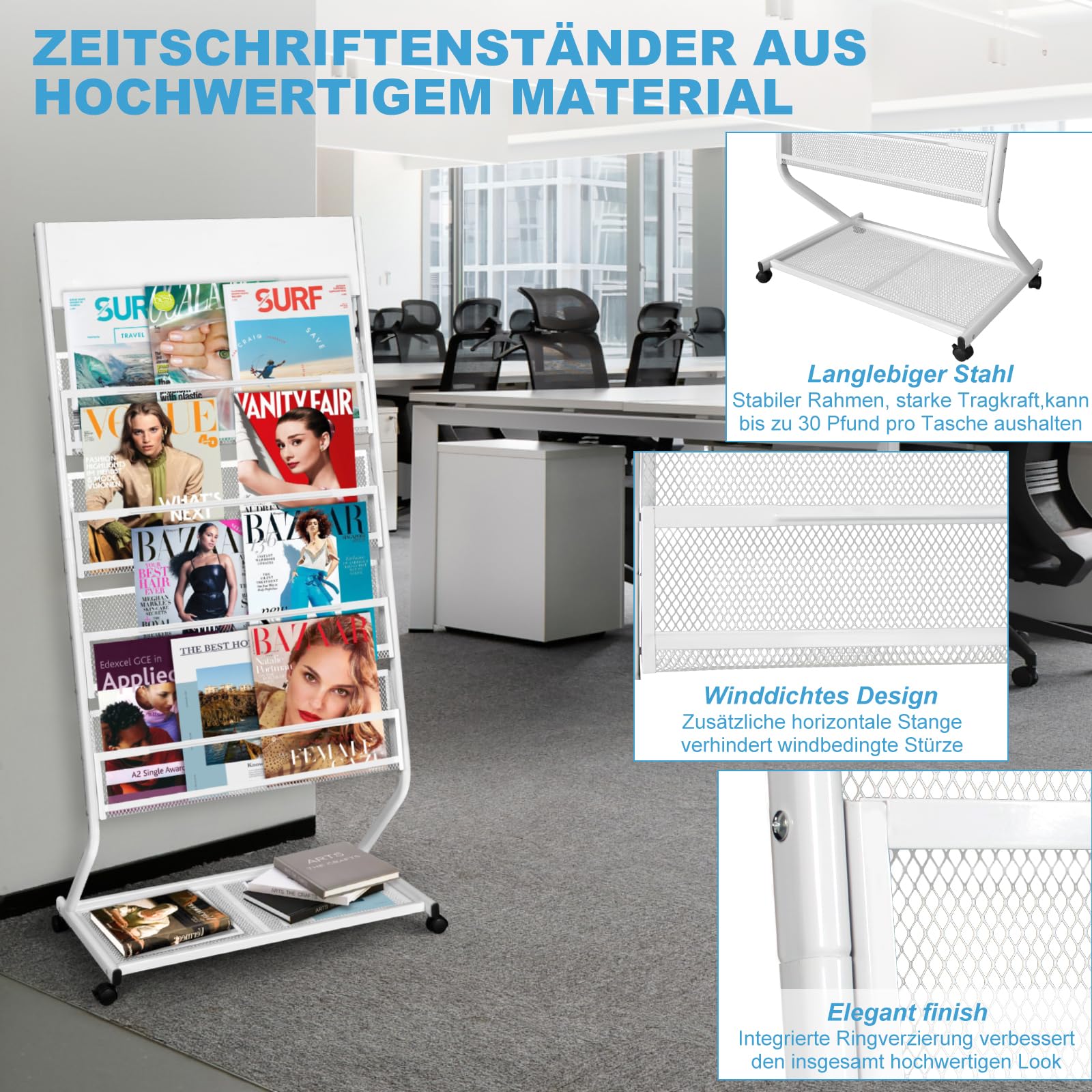 SUNDOY Prospekthalter & Zeitungsständer – Bodenstehend Schrägsteller Buchständer, Scrollen Literaturhalter für Broschüren & Magazine mit 4 Ablagen (Weiß, 4 Lagen, 59,5 cm breit)
