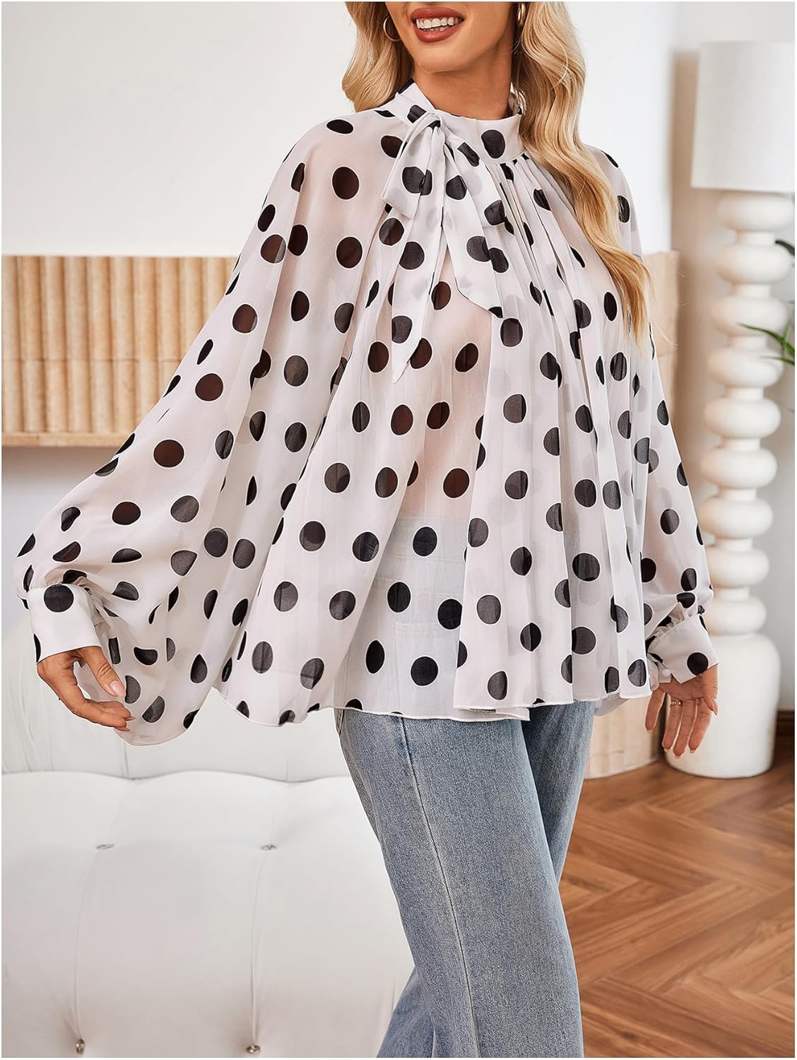 Floerns Women's Polka Dots Bishop Sleeve Shirts Tie Neck Mesh Dressy Casual Blouse Tops - Image 6