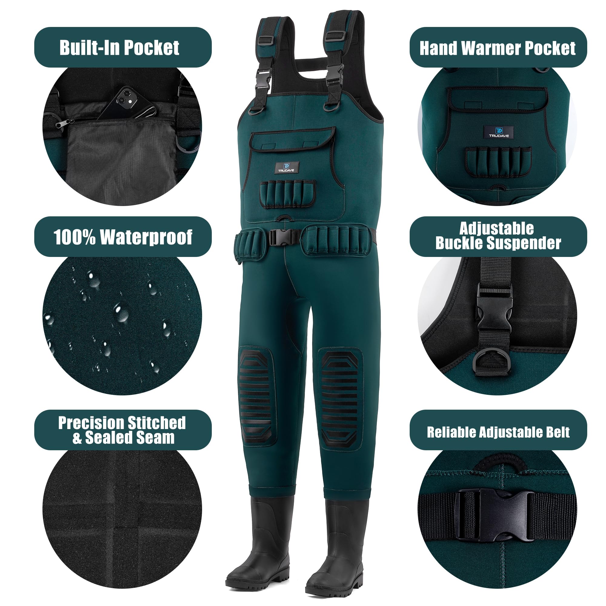 Trudave Wathose zum Fliegenfischen für Damen und Herren, mit Stiefeln, wasserdicht, 4 mm Neopren, Wathose und Angelanzug