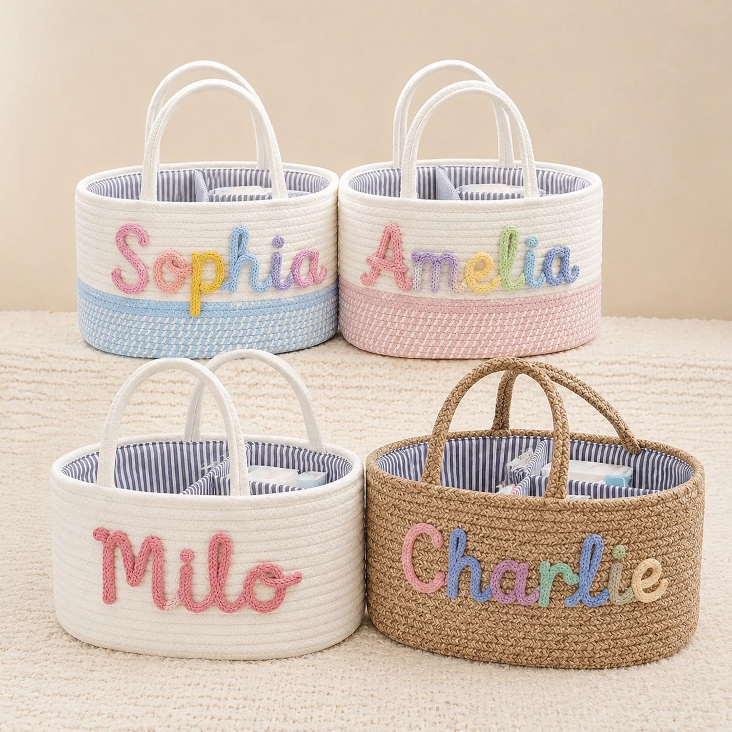 Personalized Cotton Rope Baby Diaper Caddy With Custom Name, Storage Basket With Removable Partition Insert For Newborn Gift