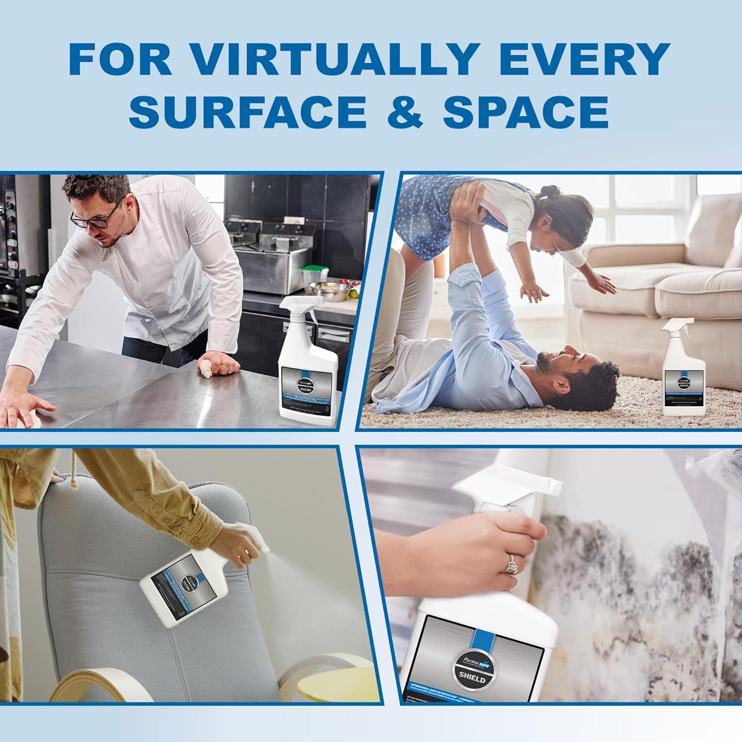 PermaSafe CLEAN, Cleans, Disinfects, Deodorizes in One ‘Spray & Walk Away’ Step, Sanitizes Hard, Soft & Food Surfaces + PermaSafe SHIELD, 90 Day Antimicrobial Surface Protector. 32 Fl Oz Spray Bottles