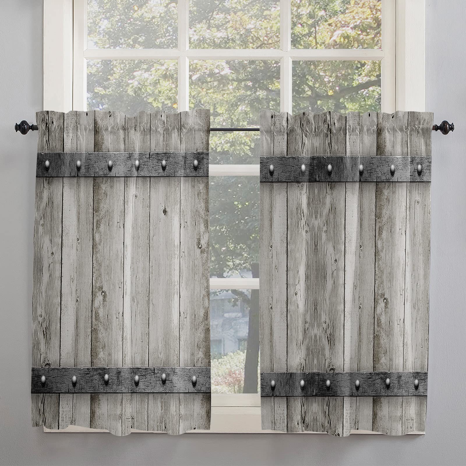 Jolunifun Rustic Barn Door Kitchen Curtain 45 Inch Length, Retro Grey Wood Grain Art Print Small Short Cafe Tiers Curtains Drape, 2 Panel Window Treatment Rod Pocket Drapery Panels Curtains 55x45