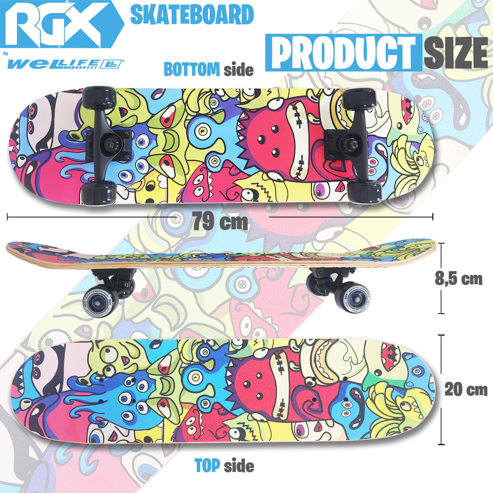 WeLLIFE Skateboard Completo per Principianti - Serie RGX in Legno 80x20 cm, 9 Strati d’Acero Concavo Double Kick, Cuscinetti Abec-7, Disegno su Grip Tape - Adatto a Bambini, Giovani e Adulti