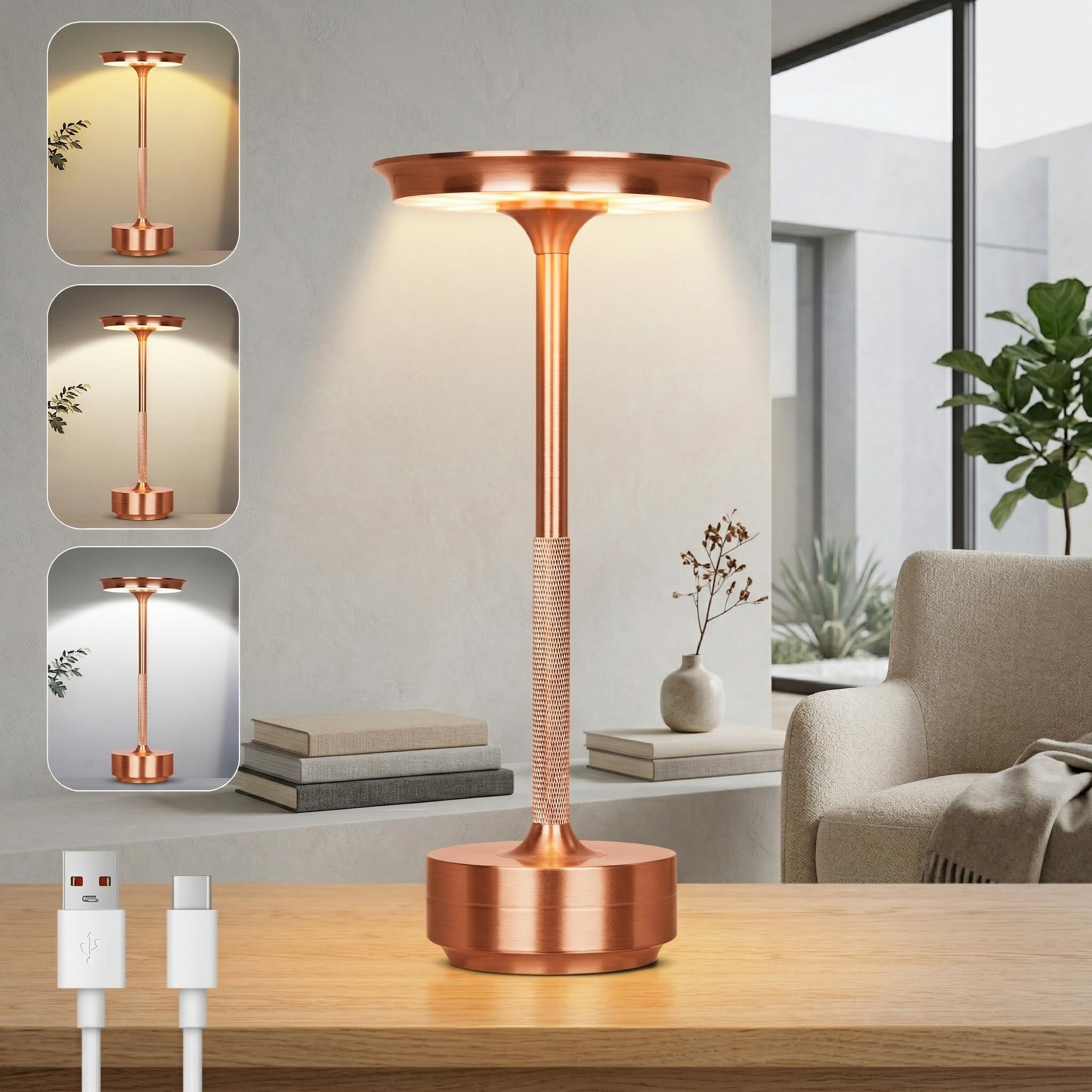 Rechargeable Table Lamp Cordless LED, 3-Color Dimmable Touch Light Indoor