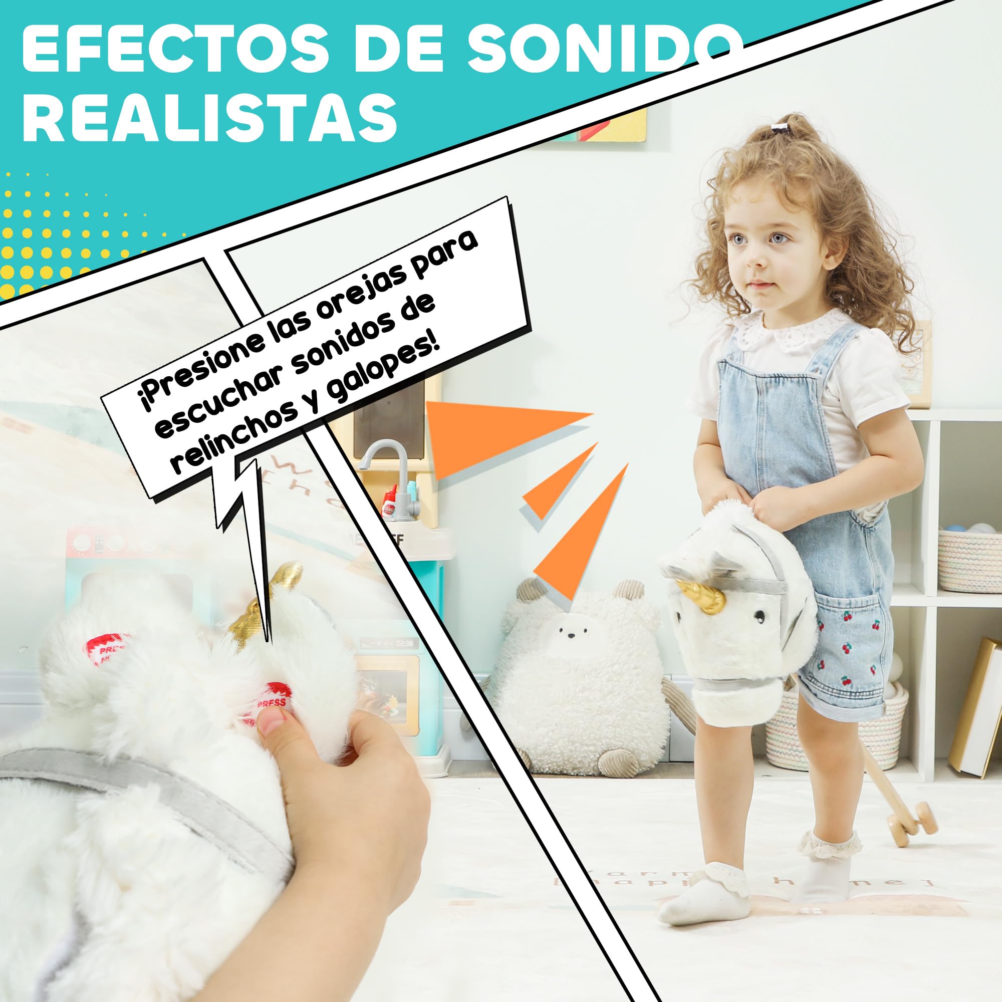 AIYAPLAY Cabeza de Caballo con Palo de Madera, Diseño Unicornio, Sonidos y Ruedas, Caballo de Juguete, 95 cm de Altura, Blanco