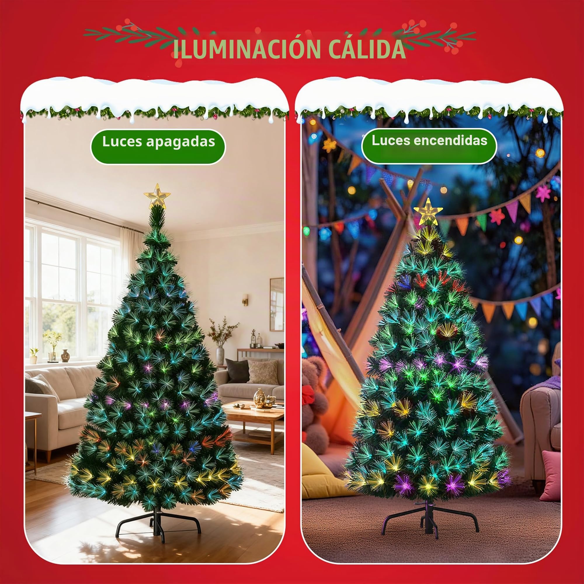 Aufun Árbol de Navidad Artificial 210cm,Árbol de Navidad con LED y Parte Superior de Estrella,Abeto de Fibra de Vidrio Artificial Que Cambia de Color para Hogar (2.1M,Fibra de Vidrio Colorida)