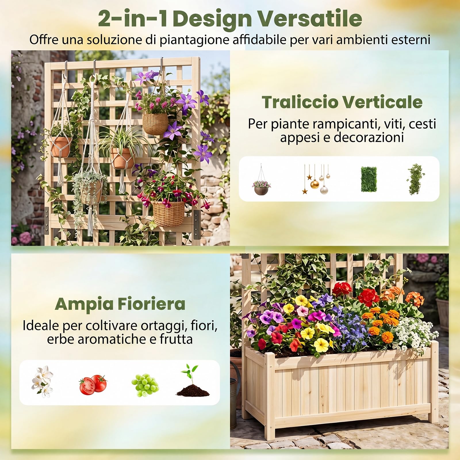 COSTWAY 2 in 1 Fioriera con Traliccio, Letto Orto Rialzato in Legno con Grigliato per Piante Rampicanti, Pannello Rimovibile e Fori di Drenaggio, per Fiori e Verdure, 76 x 32 x 143 cm (Naturale)