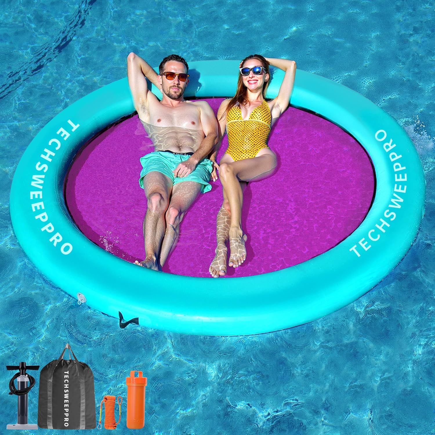 TechSweepPro Inflatable Water Hammock 800LBS Buoyancy 8ft Round Floating Ring Upgraded Materials Heavy Duty Circle Floating Raft for Adults Tanning Pool Lounger Float Island Platform Pad Mat for Party