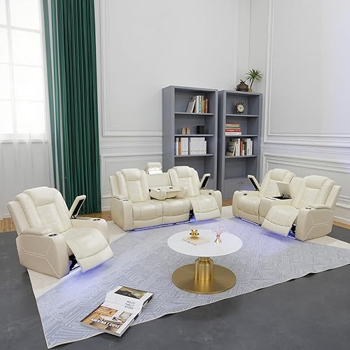 Miniatura 9 de Juego de sofá reclinable eléctrico con LED, juego de sofá reclinable de cuero, juego de muebles de sala con carga USB (blanco crema, versión