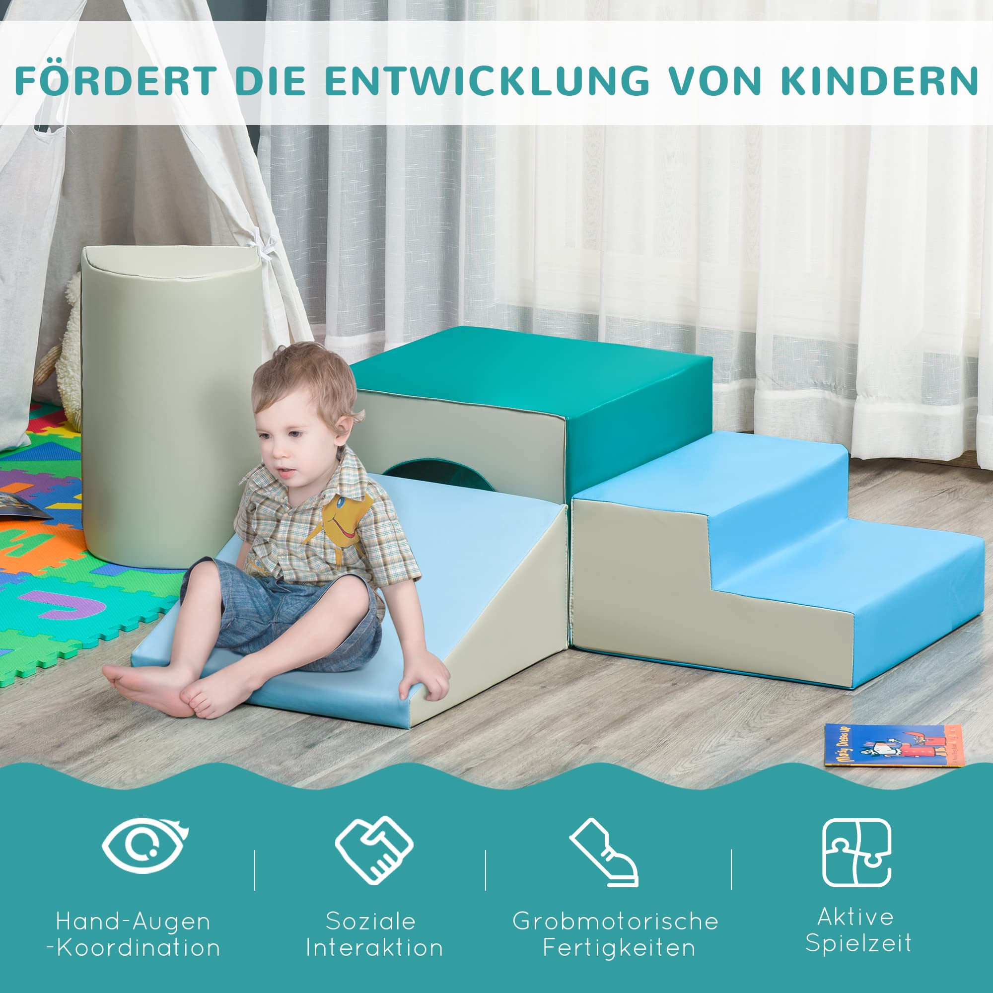 HOMCOM 4 TLG. Schaumstoff Bausteine Kinder Softbausteine Klettern Bauklötze Weiche Schaumstoffbausteine Riesenbausteine Bauspielzeug Grossbausteine Bausteinset für Baby & Kleinkinder Hellgrau