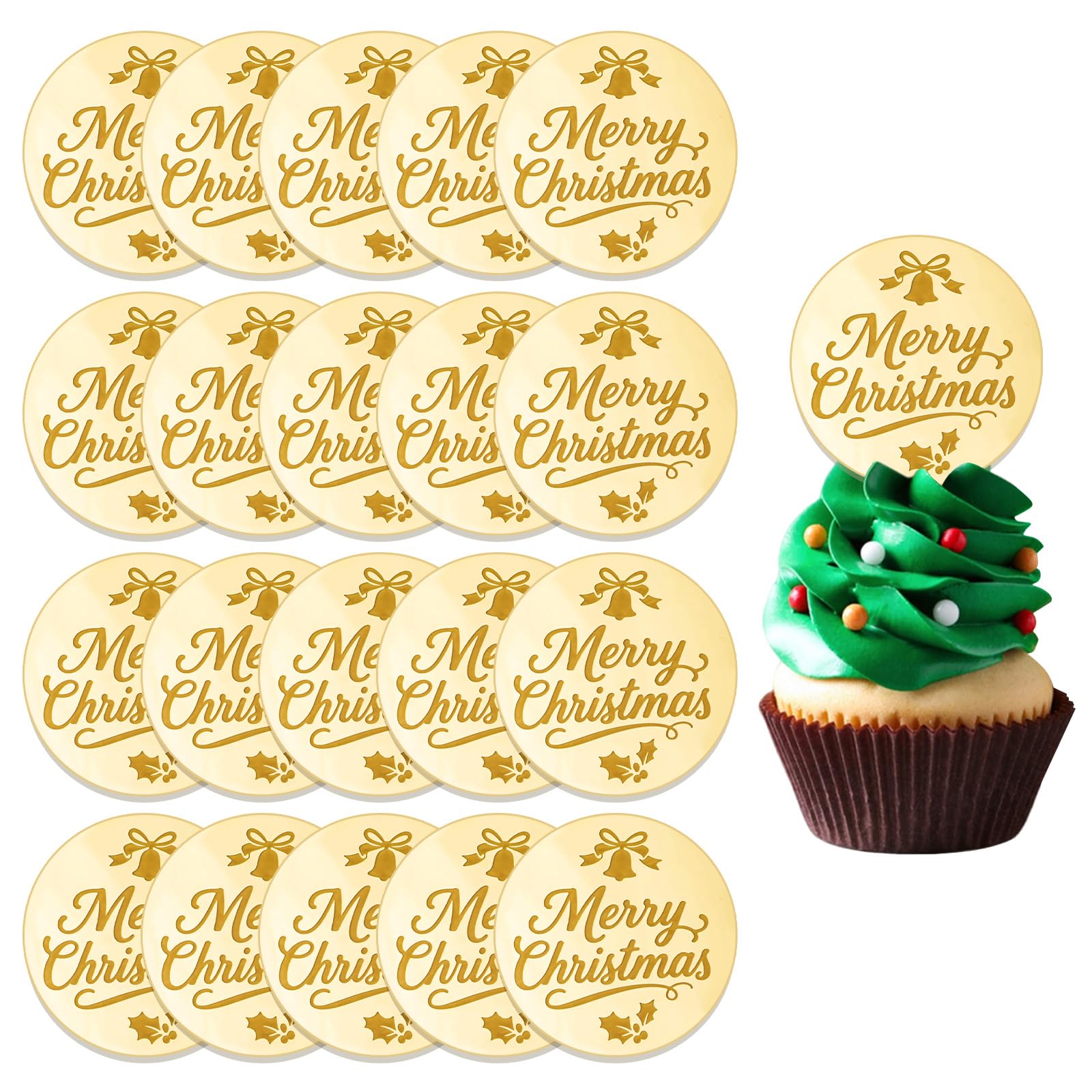 URROMA Merry Christmas Cupcake Toppers, 20Pcs Golden Round Acrylic Cake Charms Christmas Bell Leaf Mirror Cake Discs for Party DIY Decor Supplies