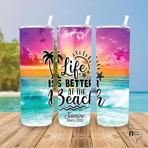 Miniatura 7 de AVITO Vaso de playa personalizado – Vaso de acero inoxidable delgado de 20 onzas – Regalo de vacaciones – Life Is Better at the Beach – Vasos de