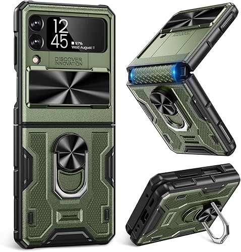 Caka Funda para Galaxy Z Flip 3, funda Z Flip 3 con cubierta de cámara, protección de bisagra y soporte con anillo giratorio de 360 integrado, funda