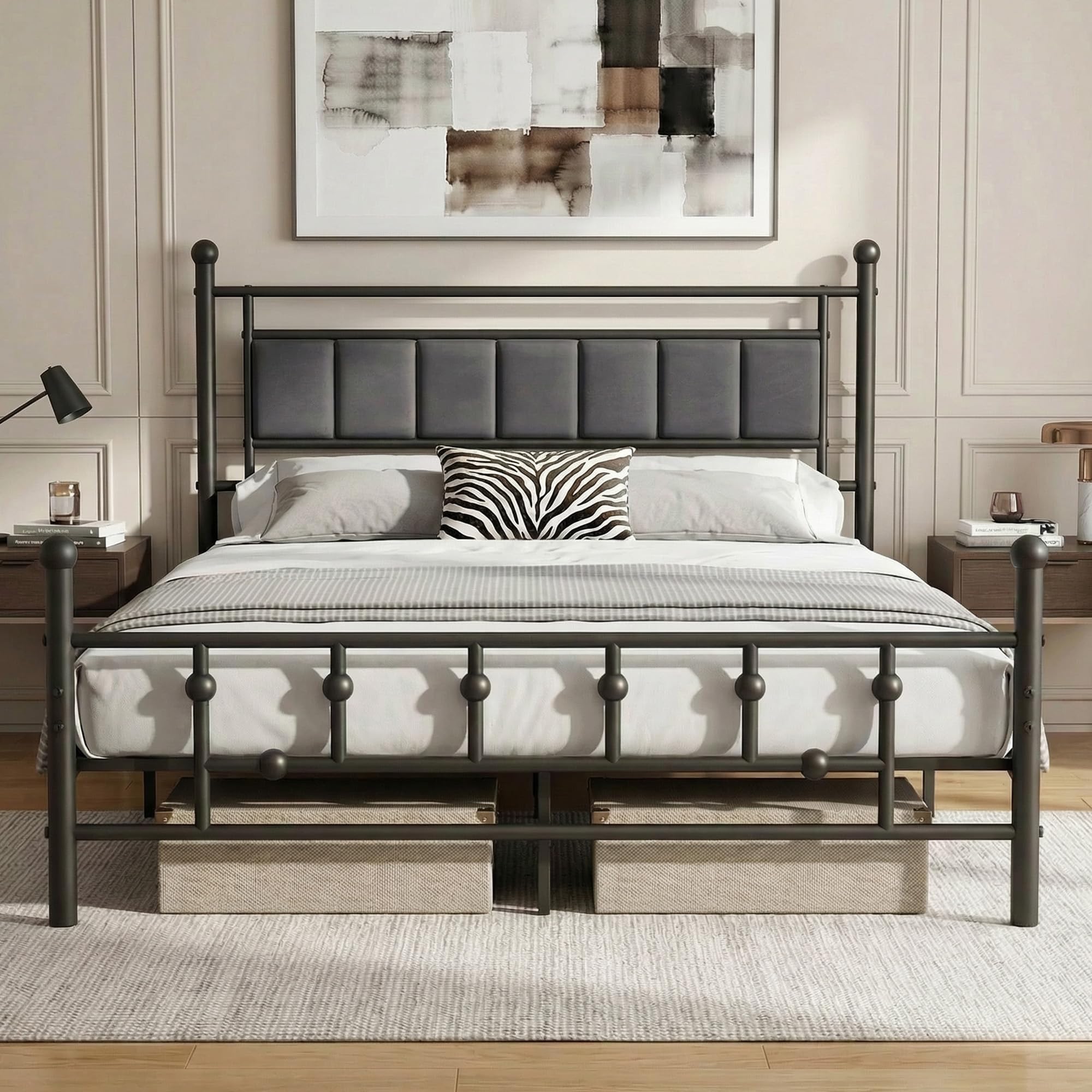Luviyoo Velvet Upholstered Queen Bed Frame with Headboard