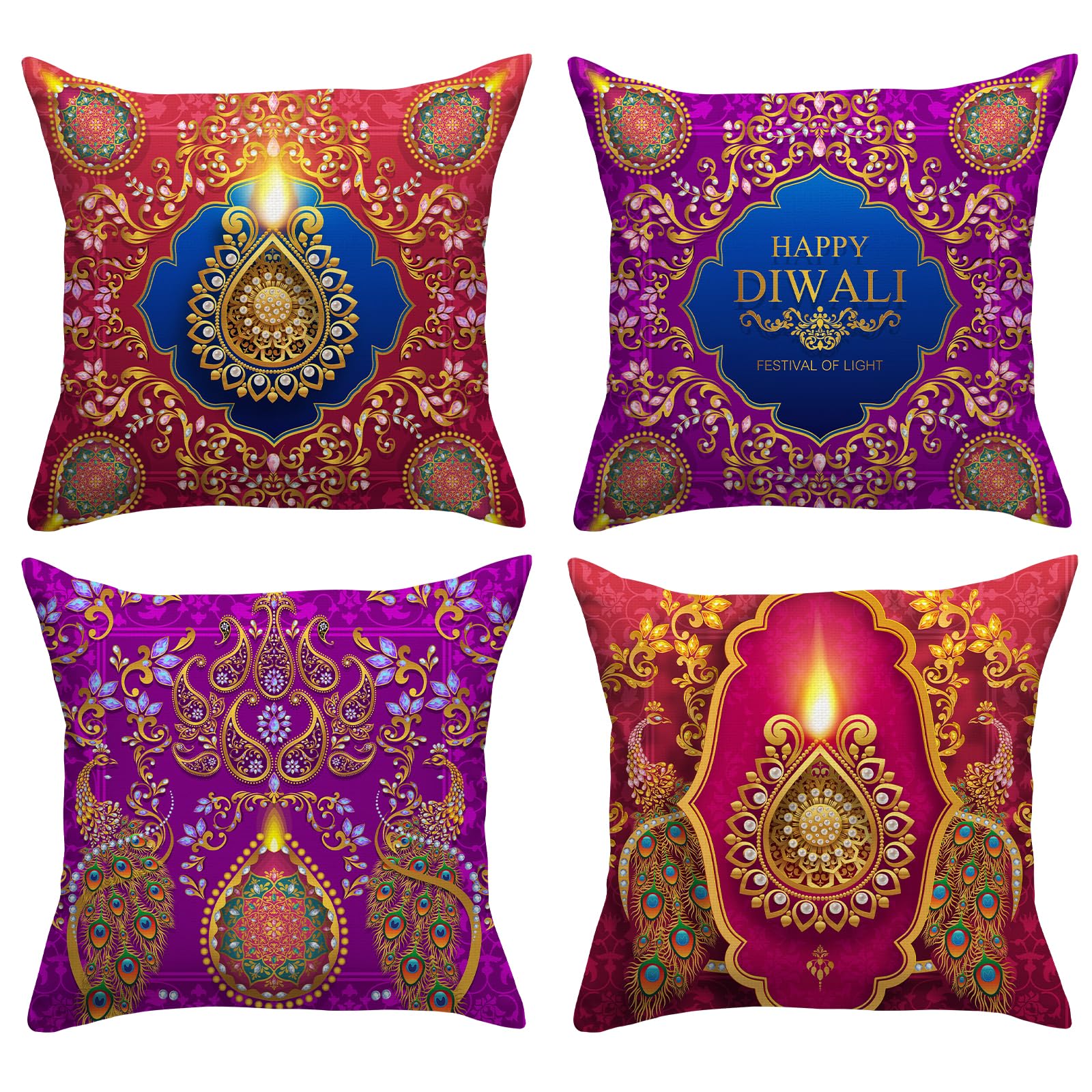 Set Di 4 Federe Per Cuscini Diwali – 50x50 Cm, In Lino, Stampa Termica Con Diya E Luci, Decorazione Casa Festiva Indiana