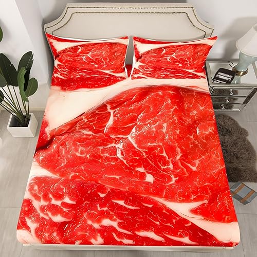 Miniatura 4 de Feelyou Juego de sábanas de carne cruda tamaño King, sábanas de alimentos con bolsillo profundo, sábanas bajeras de Beaf para niños y niñas, juego