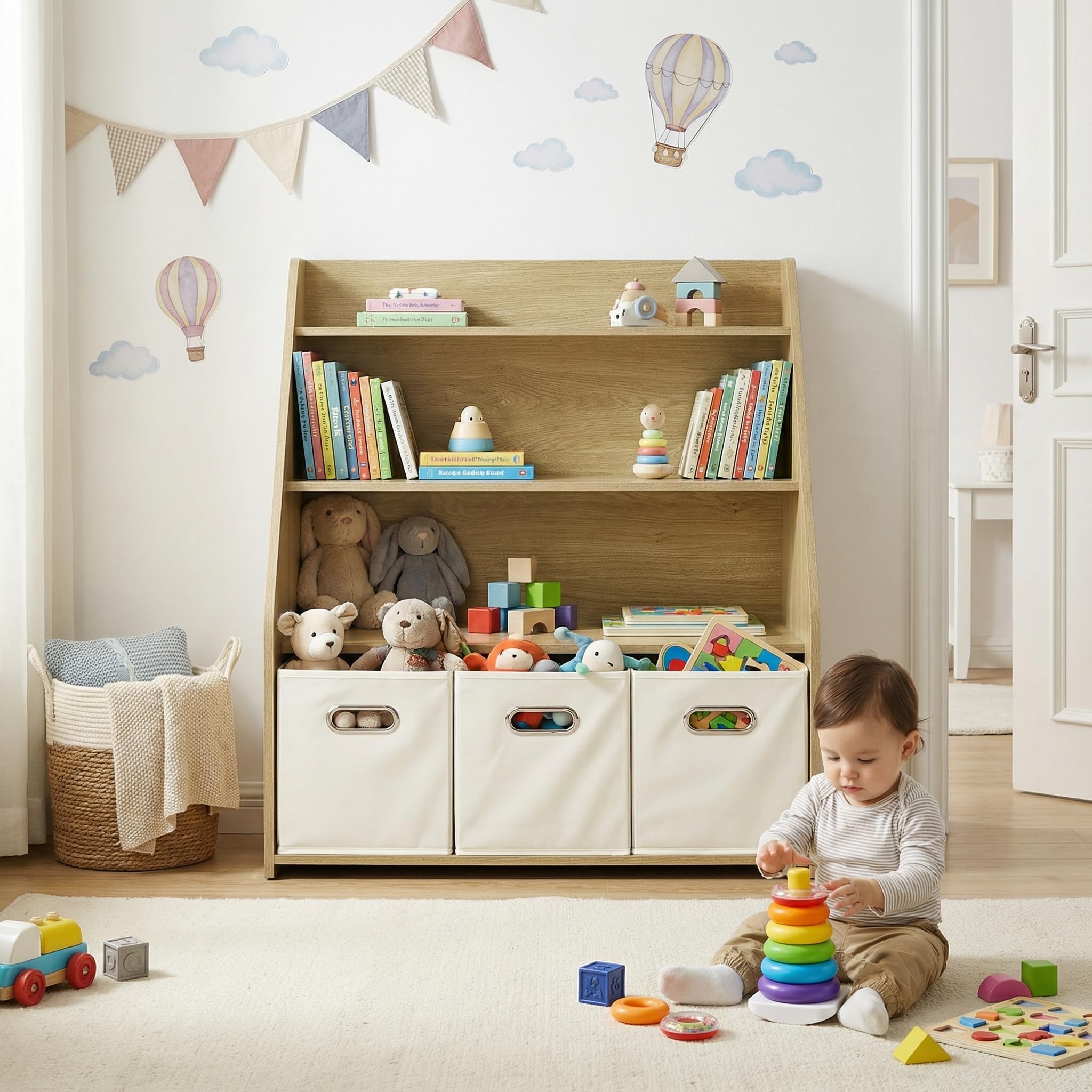 EFURDEN Estantería de Madera para niños con 3 cajones extraíbles, estantería para Juguetes y Libros 3 en 1 para habitación Infantil y Sala de Juegos, estantería de Almacenamiento Montessori