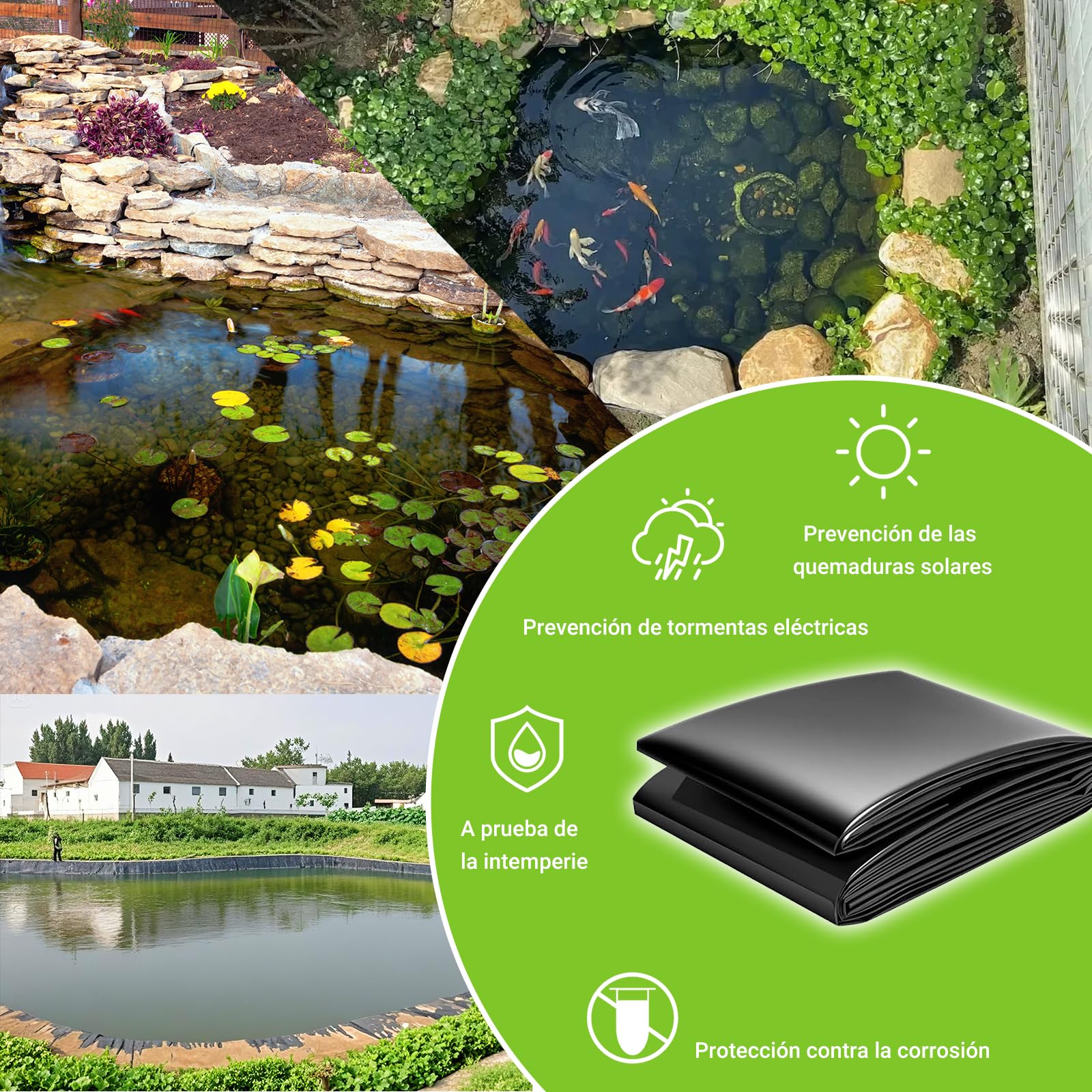 Revestimiento de Estanque Negro PVC - Forro Impermeable 0.12mm, Tamaños 3x7m/5x6m/7x8m/8x10m - para Peces, Fuentes y Lagos Artificiales