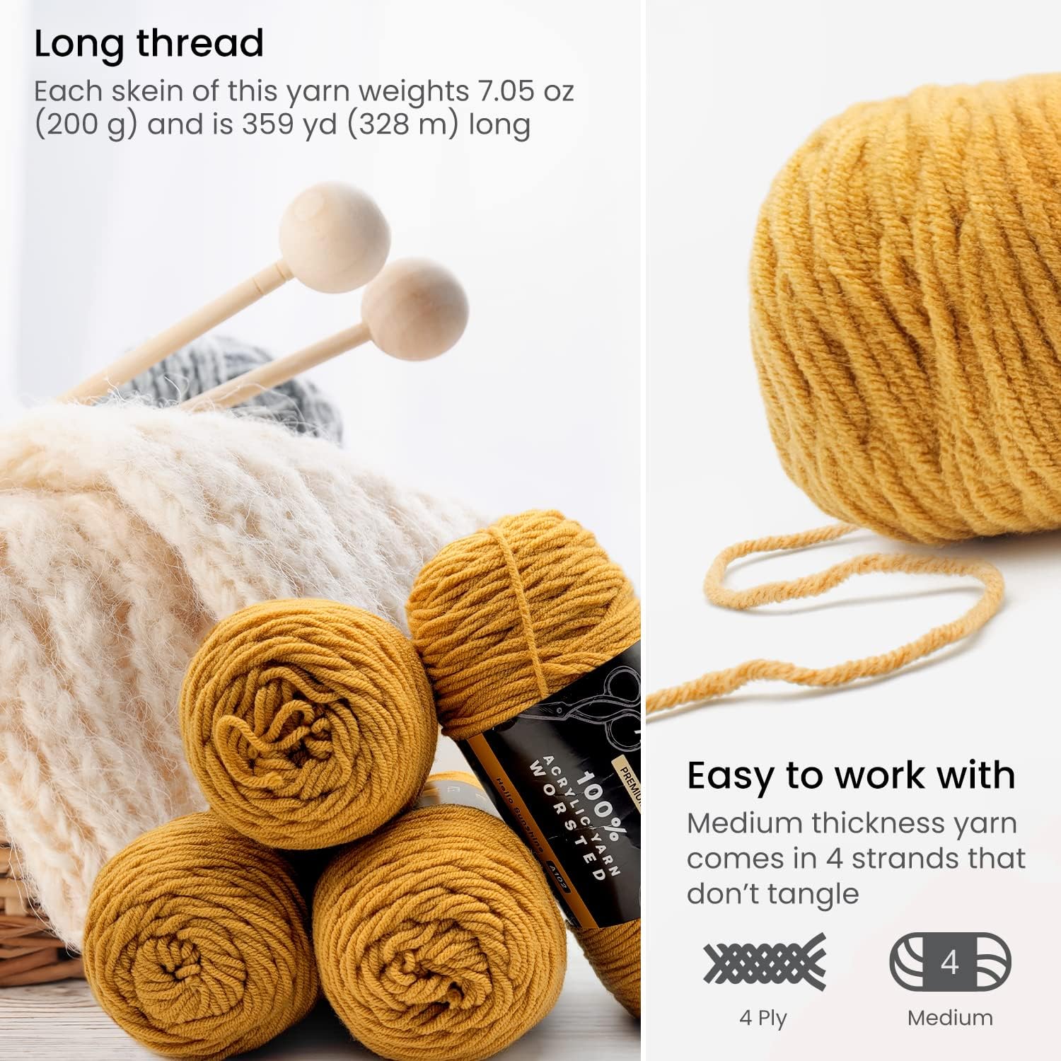 ARTEZA Acrylic Yarn for Crocheting, 4 x 200-g Skeins of Worsted Yarn for Knitting, Going for Gold A103, Knitting & Crochet Supplies