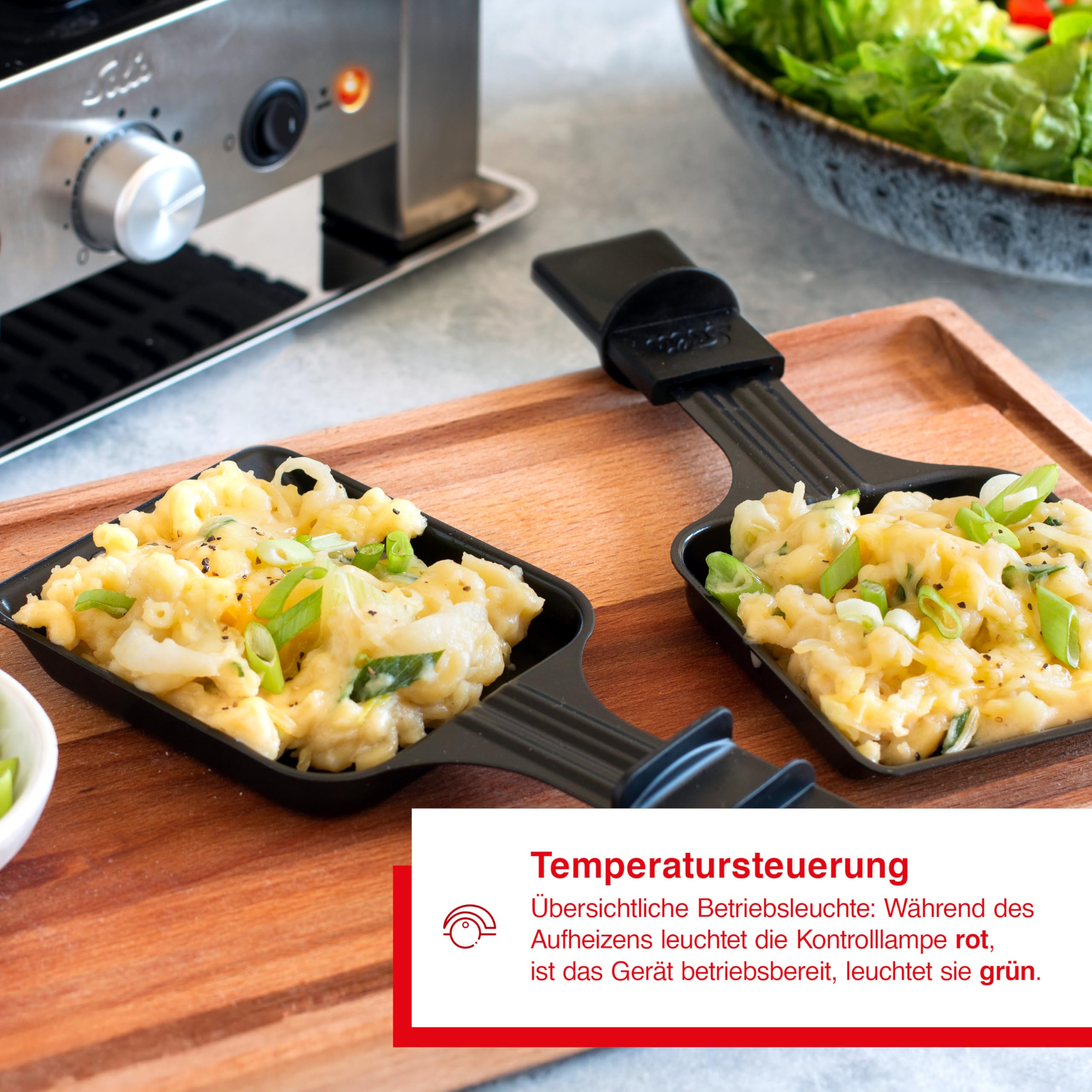 Solis Raclette Tischgrill 4-in-1 mit Grillplatte & Crêpe-Funktion | 1200W Ober- & Unterhitze, Antihaft, 8 Pfännchen, Mini-Pizza, für Familie & Freunde