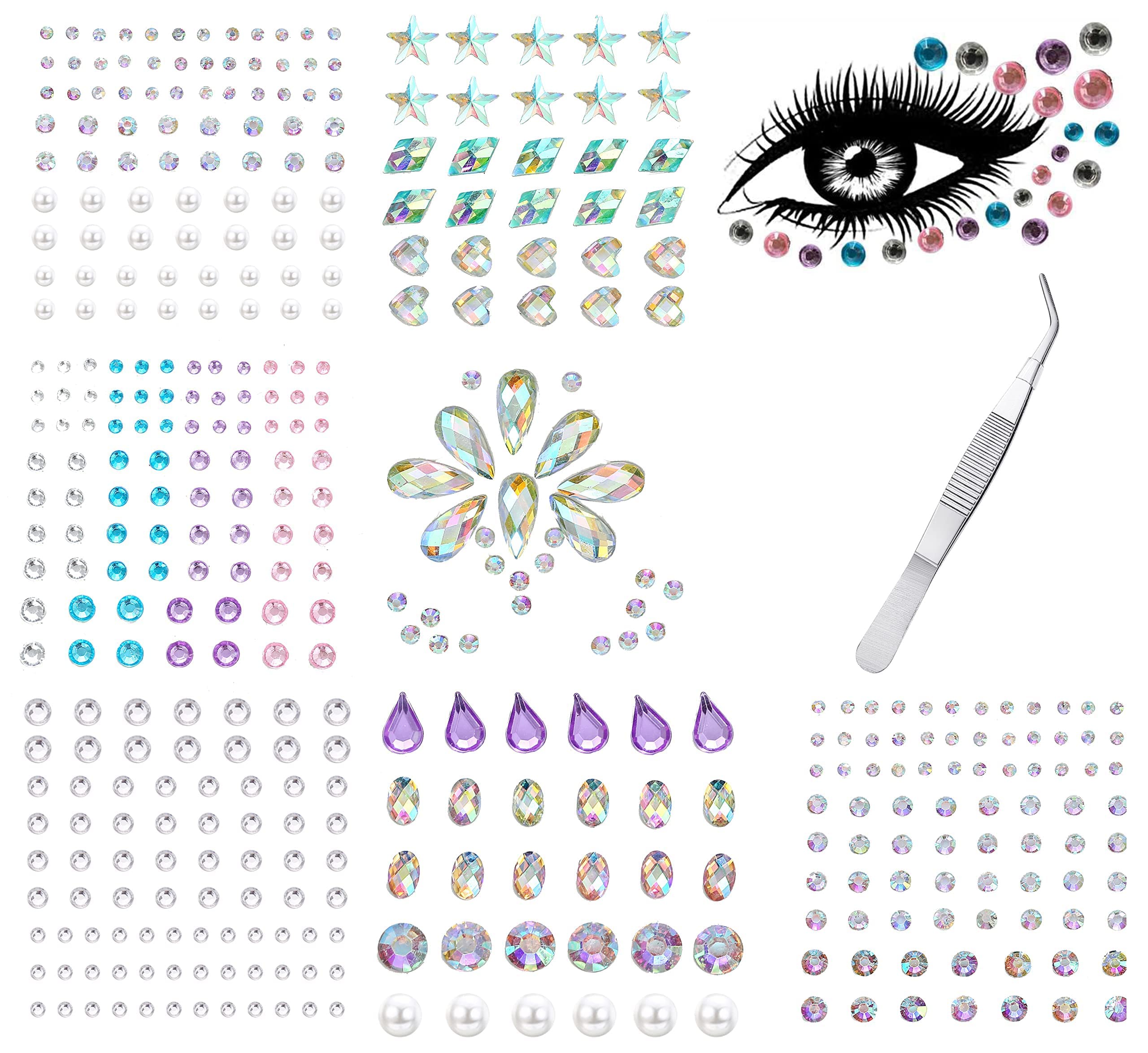 Eye and Body Face Gems, 7 Sheets Elegant Style Rhinestone Stickers, Self-Adhesive Crystal Rainbow Face Jewels for Women, Reusable Makeup Diamonds for Festival, Party, and Nail Art Decorations