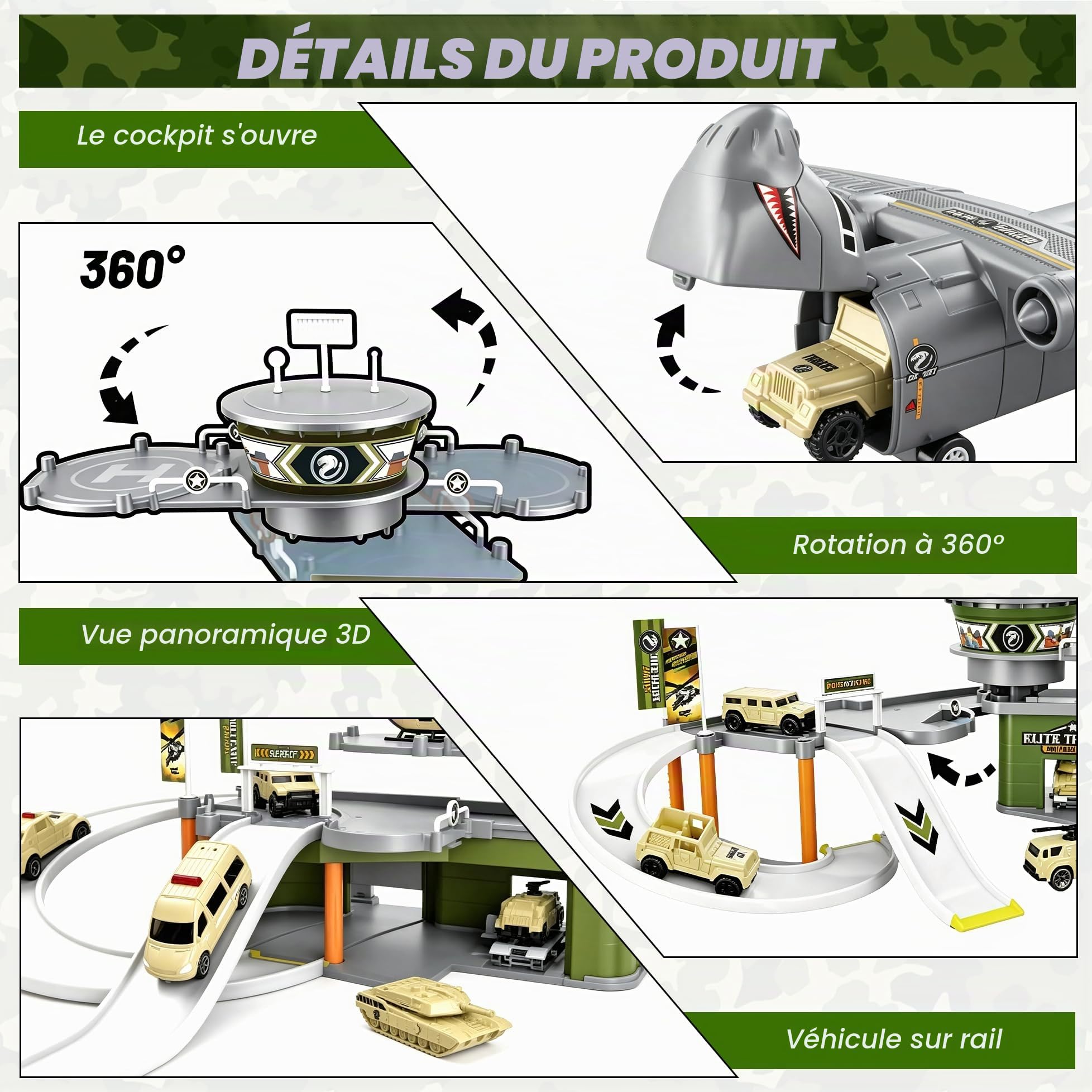 Jeu de Base Militaire avec Tour de Commandement, Chars, hélicoptères et Avions, Jouet éducatif pour Enfants dès 3 Ans
