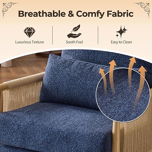 Miniatura 3 de Karl home Acogedora silla decorativa de felpilla con almohada lumbar y brazos de ratán, silla moderna para sala de estar, dormitorio, rincón de