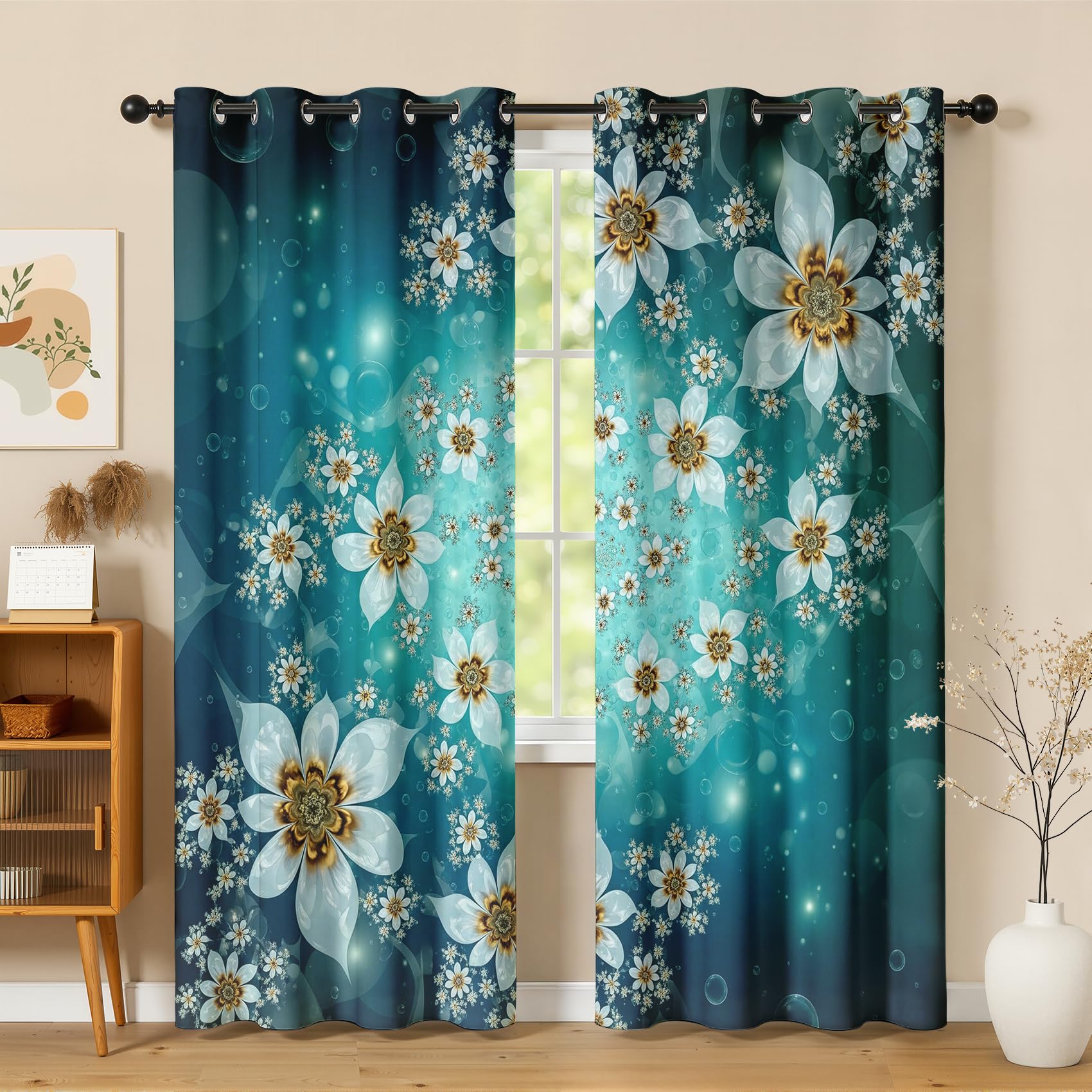 Türkis 3D Blumen Vorhänge Blickdicht mit ösen Fantasie Mädchenzimmer Gardinen Wohnzimmer Verdunklungsvorhänge für Schlafzimmer Fenster Vorhang 137 cm Lang 2er Set
