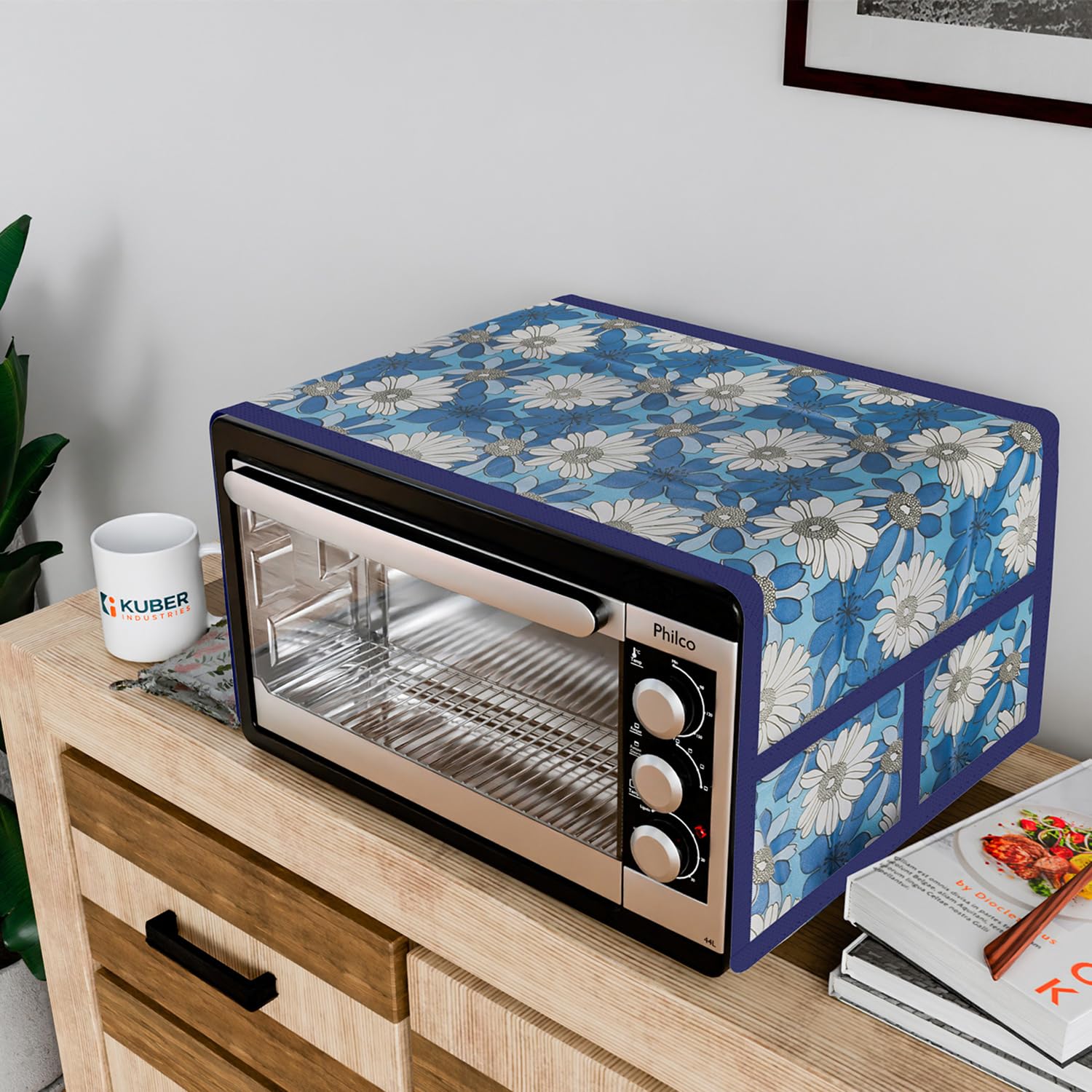 Kuber Industries Oven Top Cover | Non-Woven Microwave Oven Top Cover with 4 Utility Pockets | Oven Cover for Kitchen Décor | Sunflower Oven Top Cover | Blue
