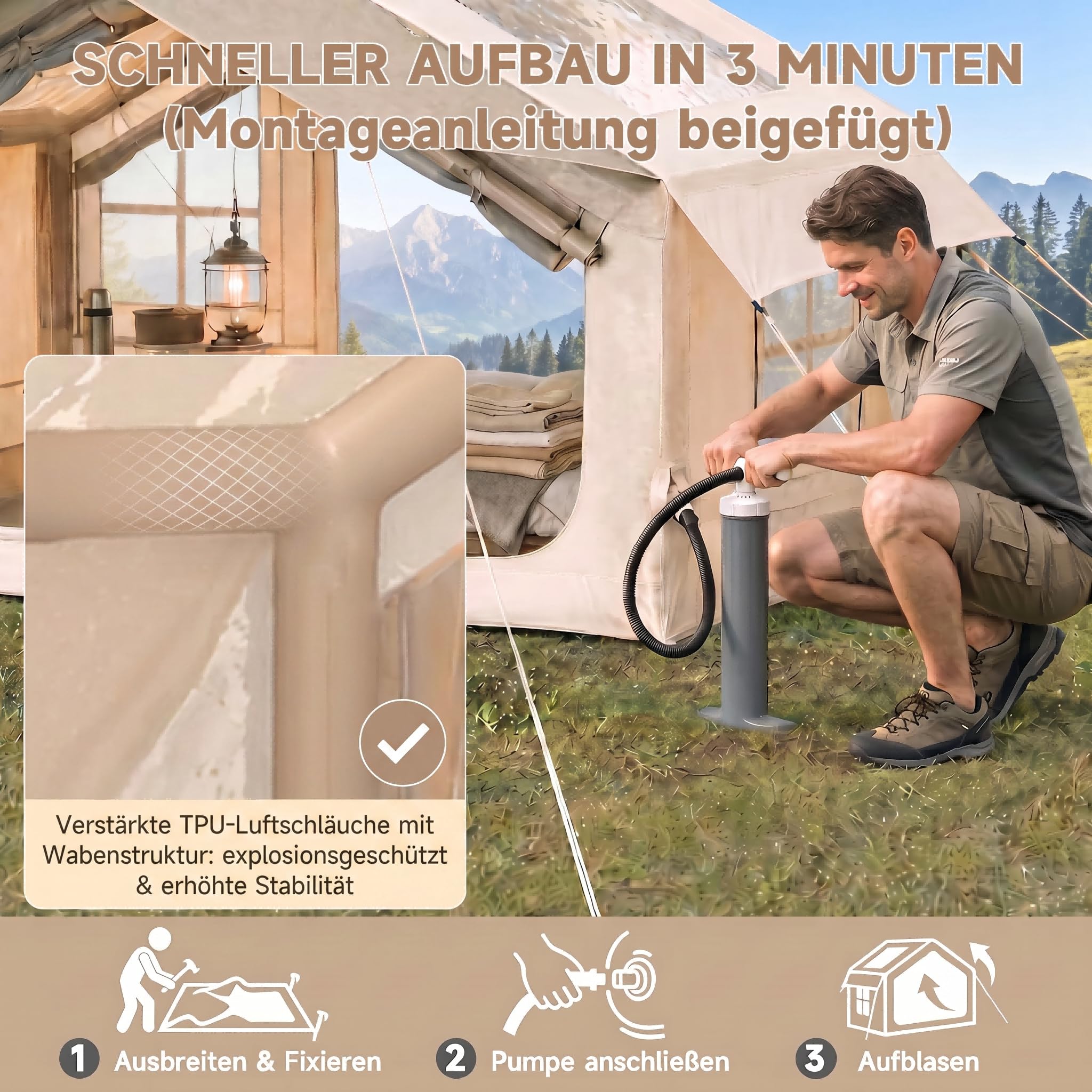 HAUSPROFI Luftzelt Aufblasbares Zelt 3-4 Personen, 6,3m² Glamping Hauszelt mit Vorzelt & Kaminöffnung, 200cm Stehhöhe, 420D Oxford Wasserdichtes Familienzelt für Camping Outdoor, Inkl. Pumpe