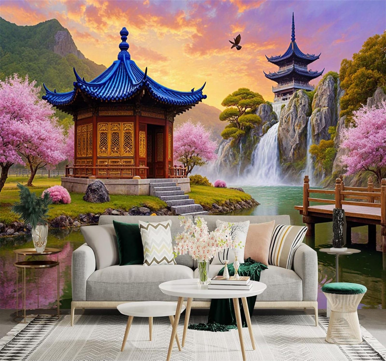 XLMING Exquisite Cherry Blossoms Waterfall Koi Pond Serene Natural Landscape 3D Wallpaper Silky Texture Home Study Office Grey Dining Room Sofa Bedroom Living Room TV Backdrop-400cm×280cm