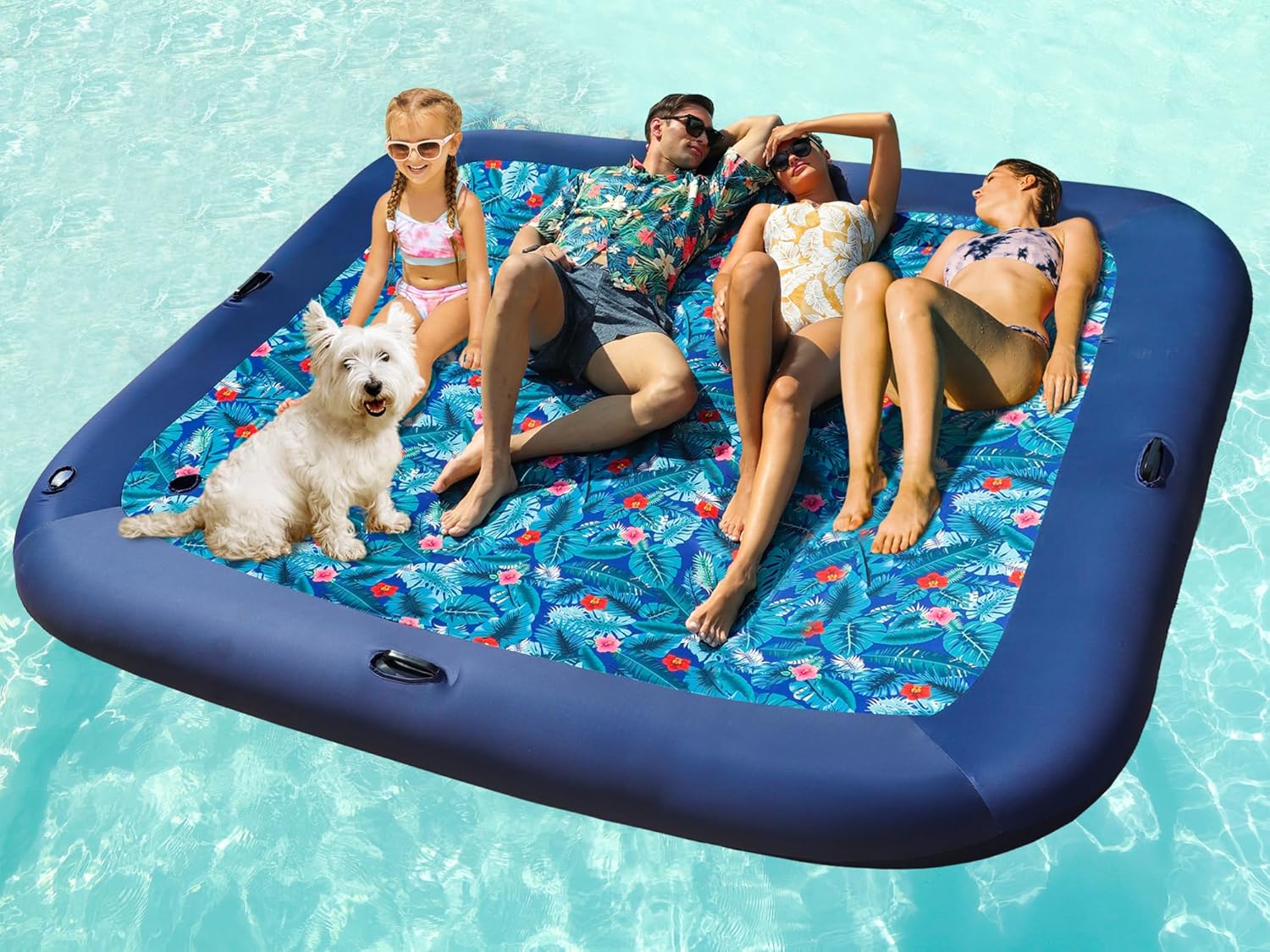 FindUWill Oversized Pool Float Lounge, 72" X 37" Extra Large Fabric-Covered Pool Floats for Adults, Inflatable Contour Lounger with Headrest Ultra-Comfort Cooling Pool Raft (XL, Monstera) Super Kingsize 4 Person - Tropical Blue