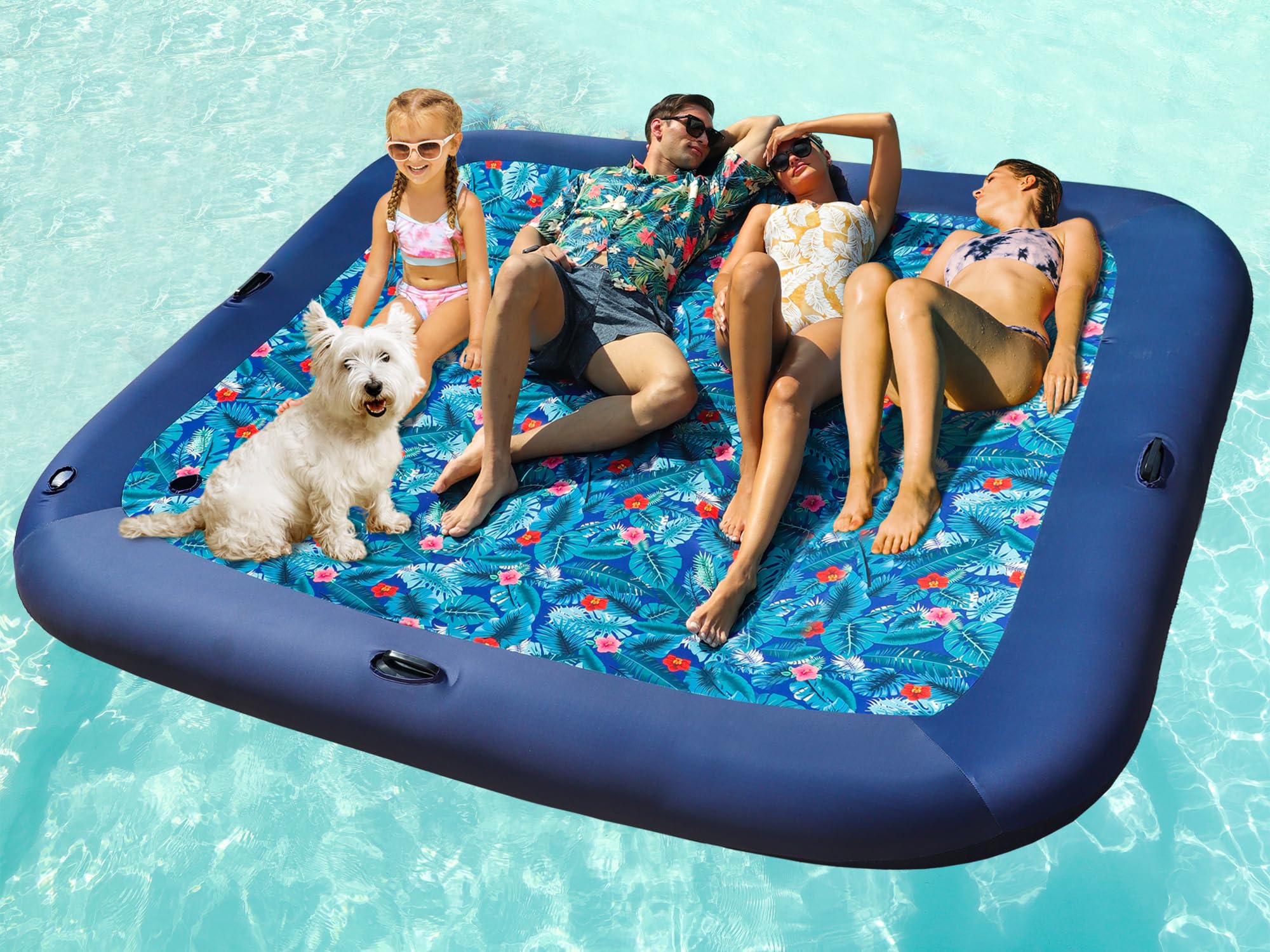 'FindUWill Oversized Pool Float Lounge, 72'' X 37'' Extra Large Fabric-Covered Pool Floats for Adults, Inflatable Contour Lounger with Headrest Ultra-Comfort Cooling Pool Raft (XL, Monstera)'