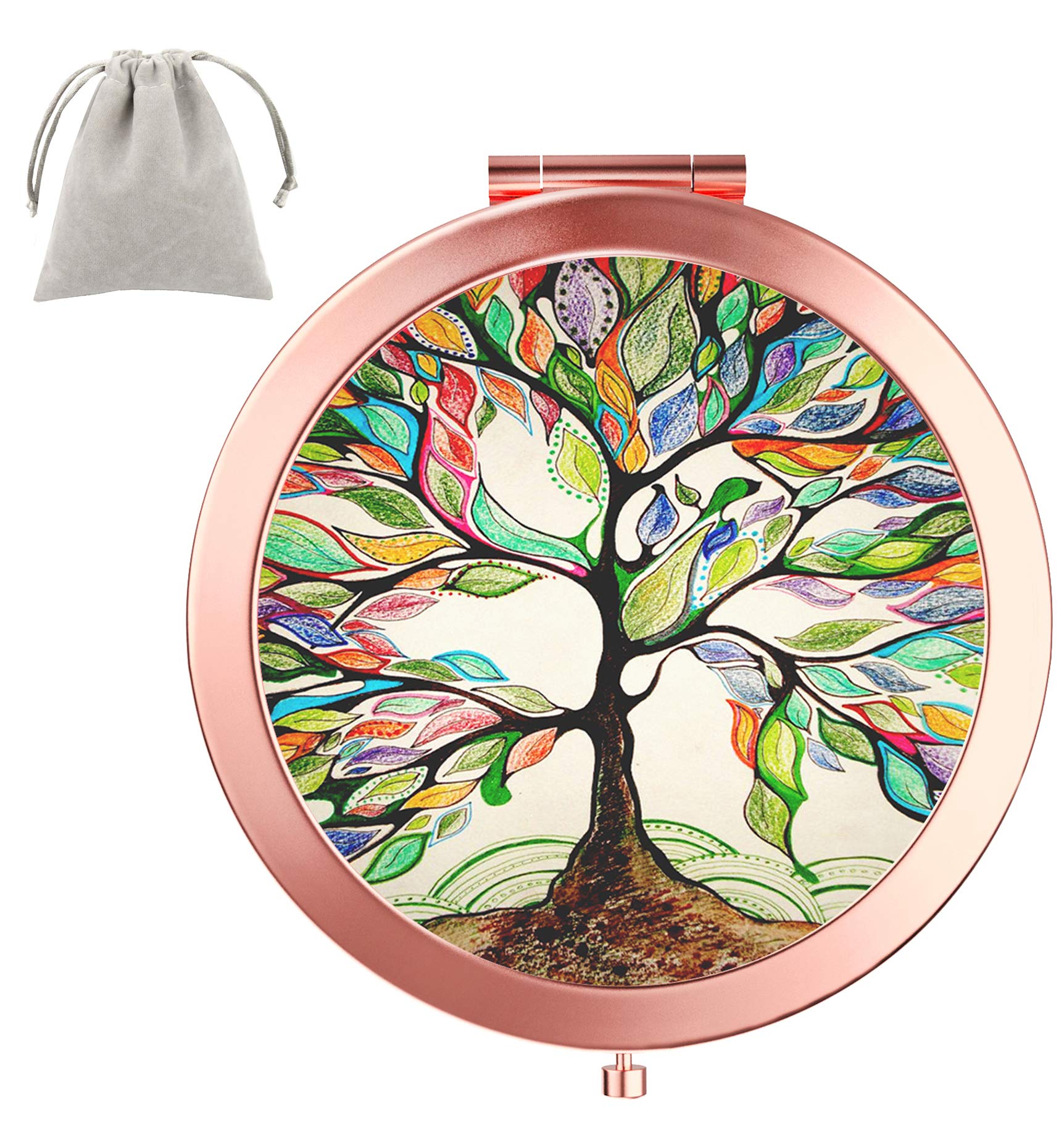 Dynippy Compact Mirror Rose Gold Makeup Mirror Folding Mini Pocket Mirror Portable Hand Mirror Double-Sided 2 x 1x Magnification for Woman Girls Great Gift (Life Tree)