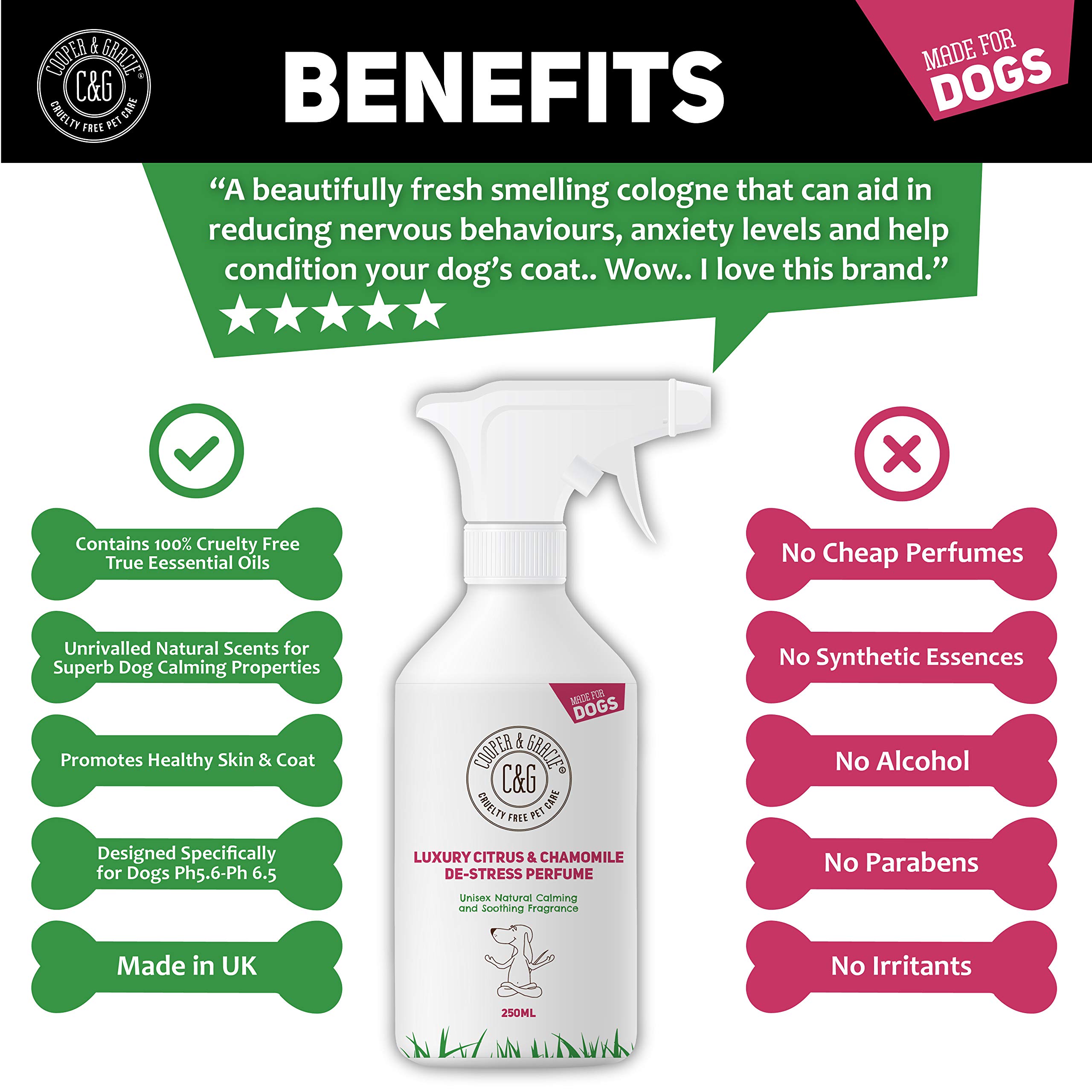 C&G Pets | De Stress Perfume Spray pour chien 250 ml | Parfum pour chien | Eau de Cologne pour chien pour calmer les chiots nerveux et anxieux | Huiles essentielles d'agrumes et de camomille et de
