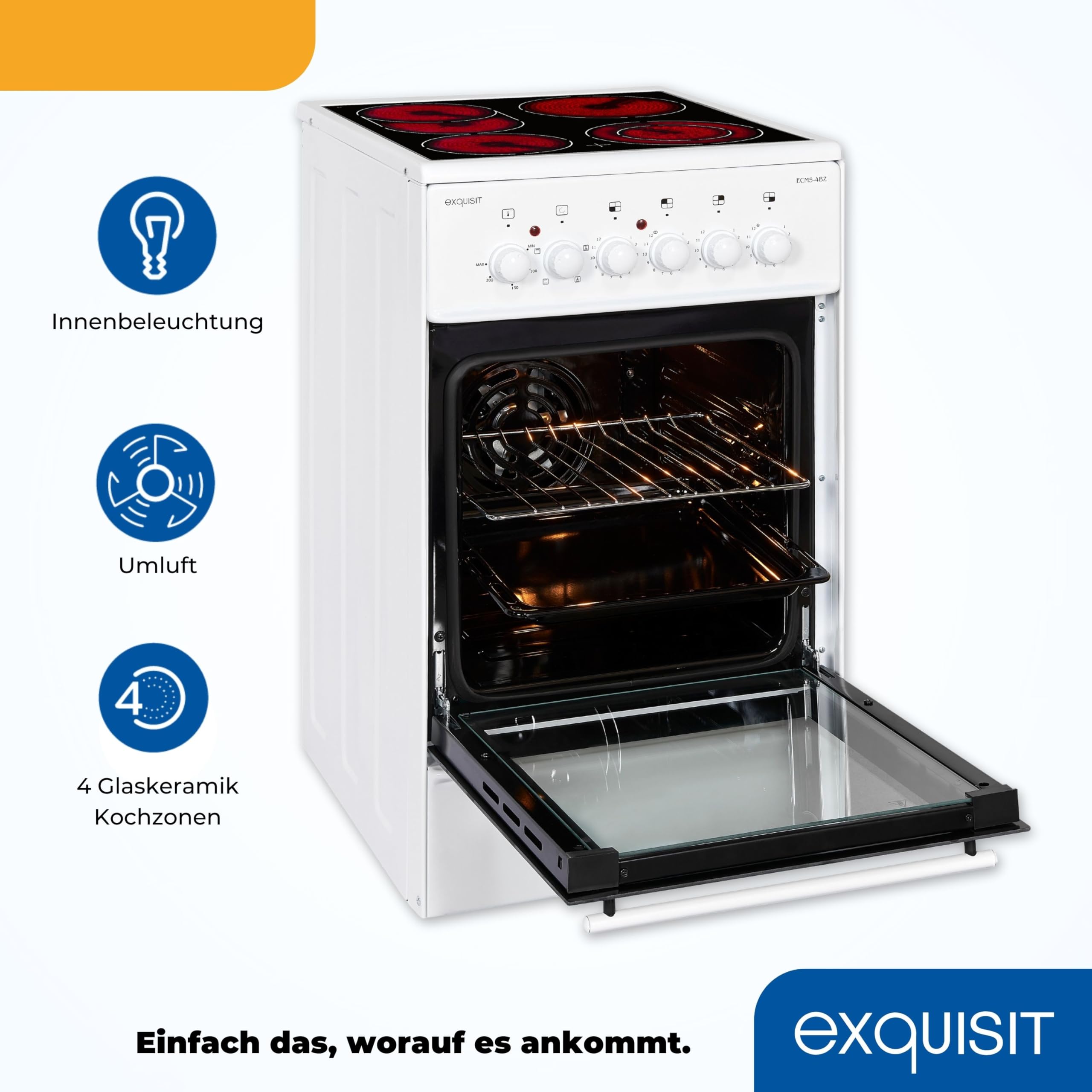 Exquisit Standherd 50 cm Elektroherd freistehend Glaskeramik-Kochfeld 2-Kreis-Bräterzone Backofen Umluft 46 Liter Energieklasse A Weiß